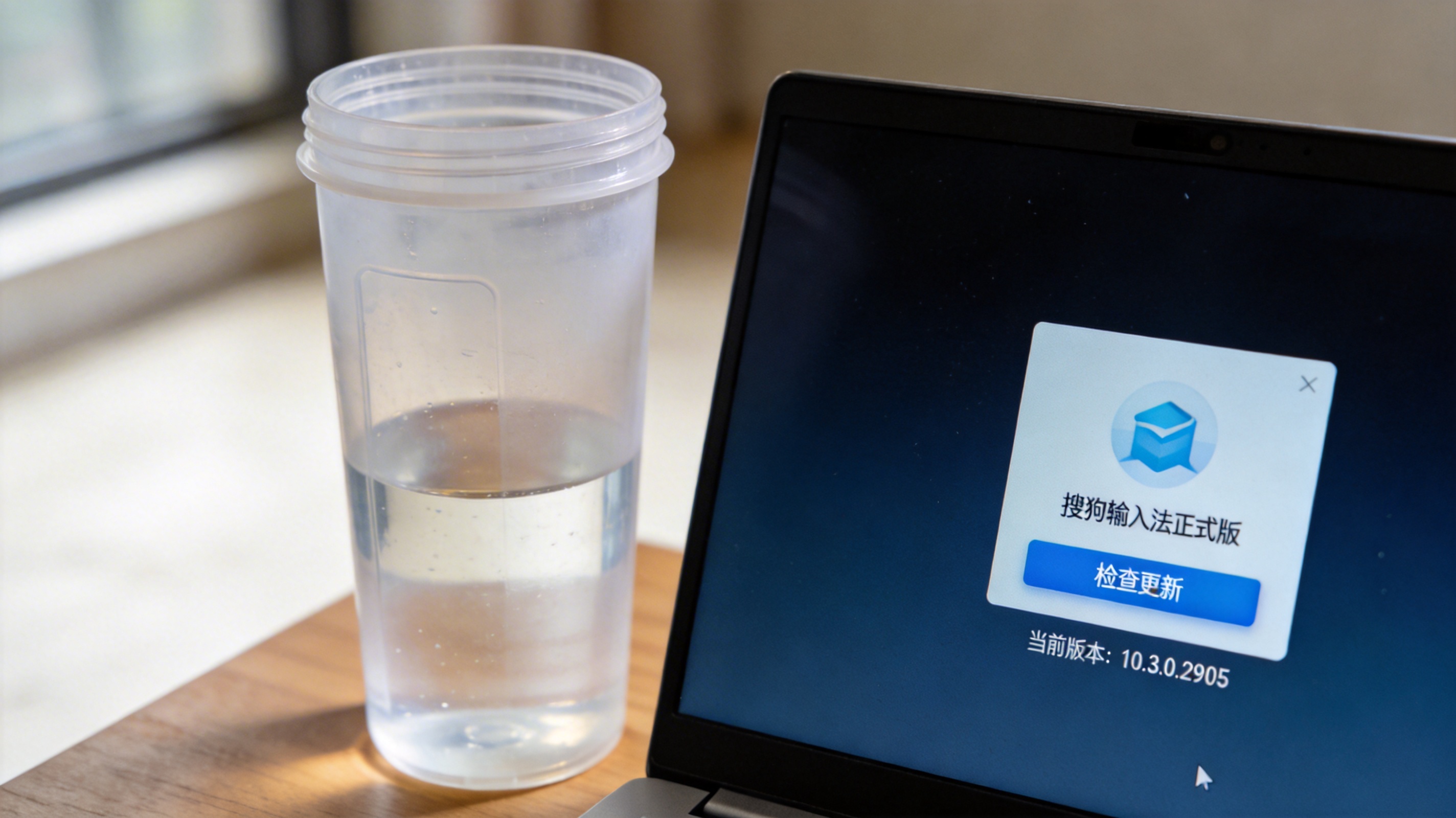 电脑桌面，屏幕显示搜狗输入法正式版的检查更新界面，旁边放着半透明塑料水杯，室内自然光