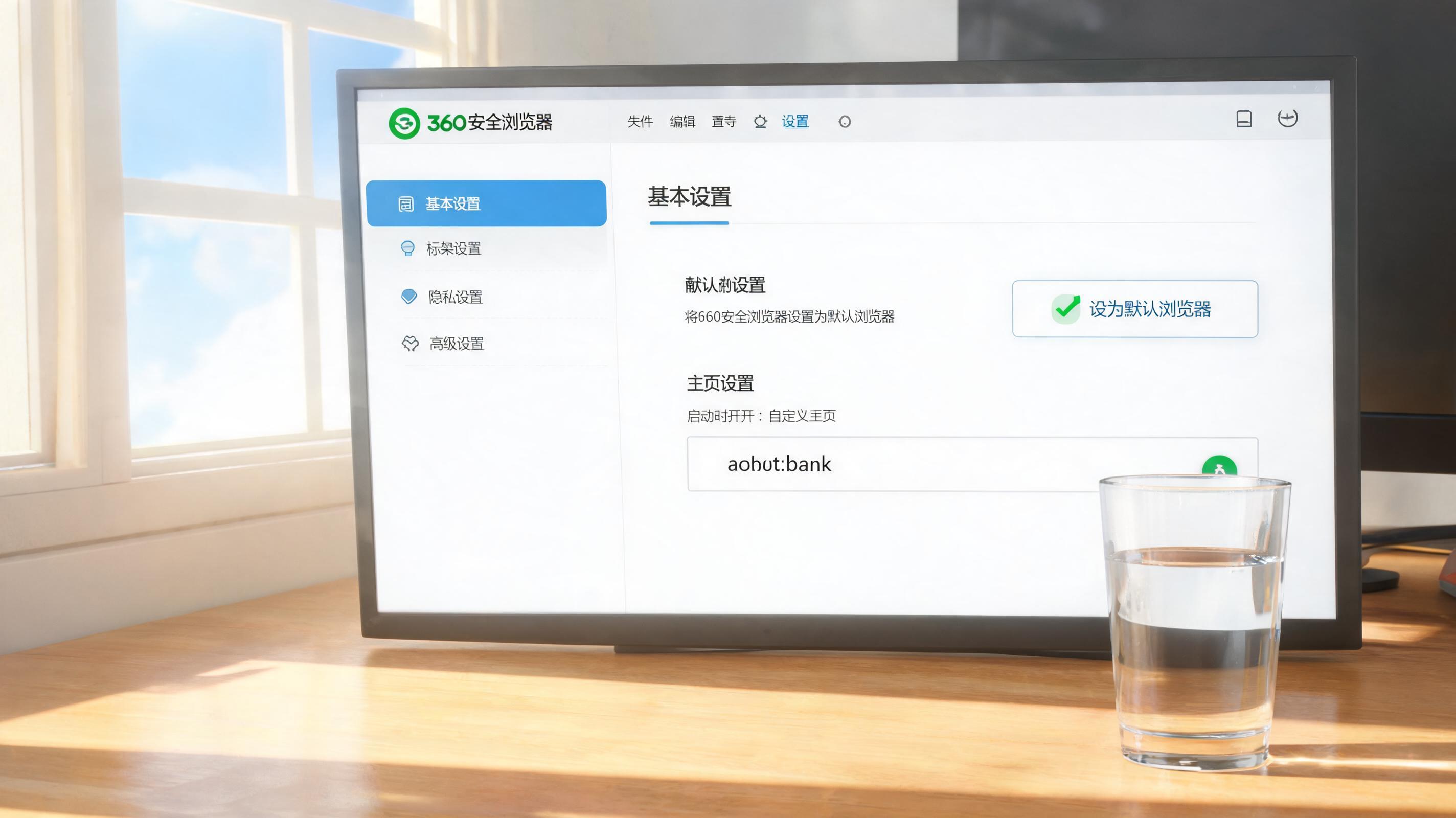 书桌上的屏幕，屏幕显示电脑版 360 安全浏览器设置界面，桌角放着水杯，自然光