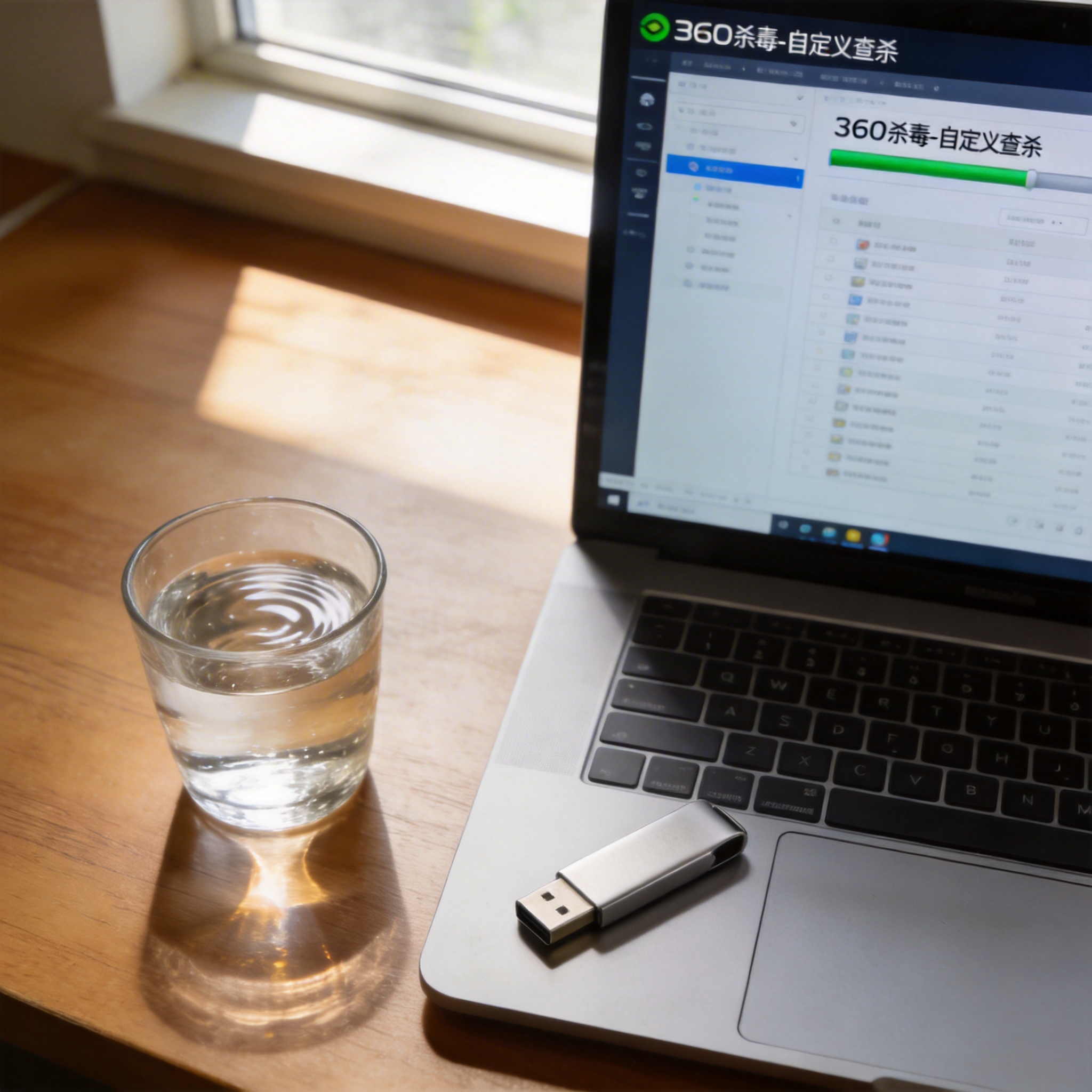 电脑桌的电脑屏幕显示360杀毒的自定义查杀界面，旁边放着U盘，桌面有半杯温水，室内自然光