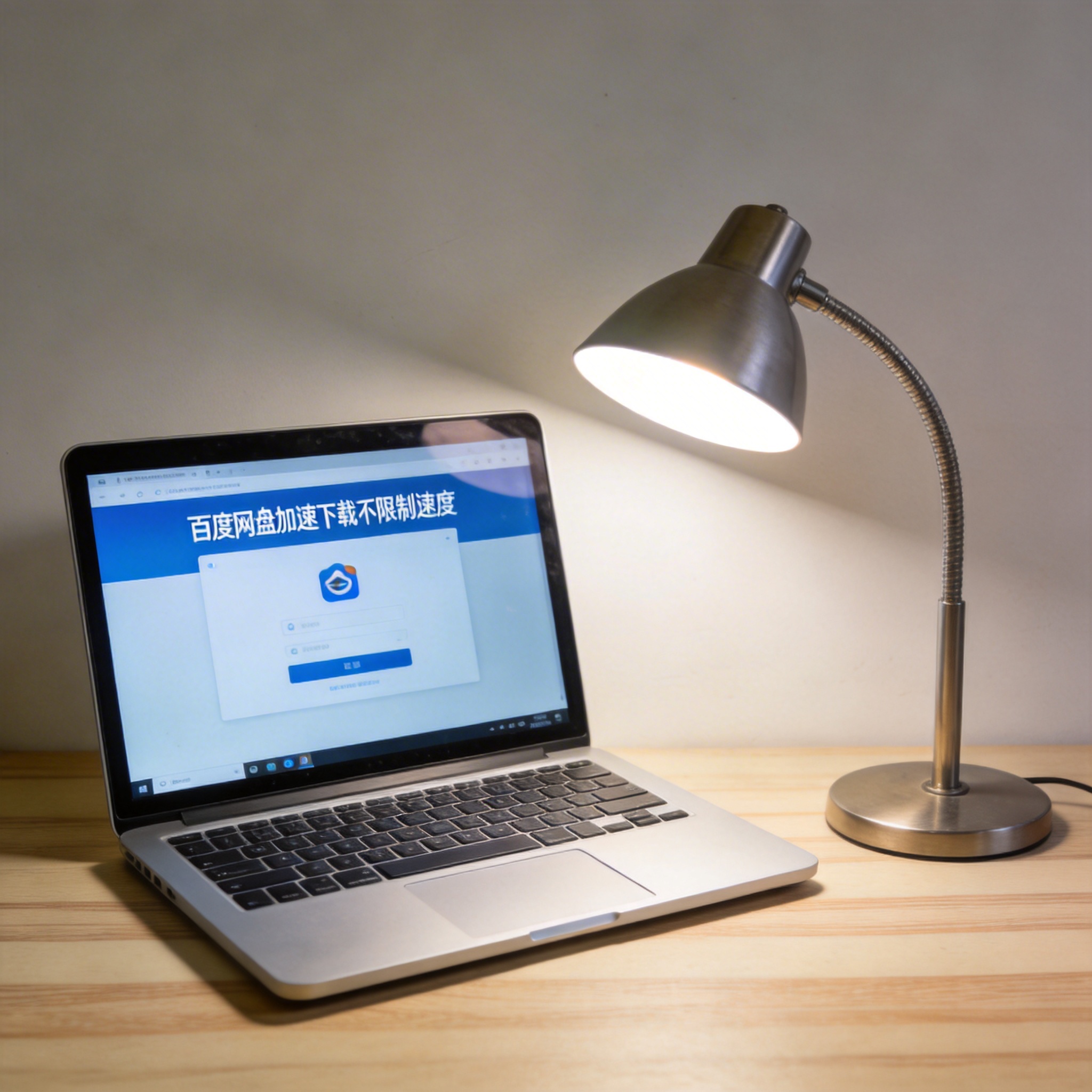 电脑桌上的电脑，屏幕显示百度网盘加速下载不限制速度界面，旁边放着台灯