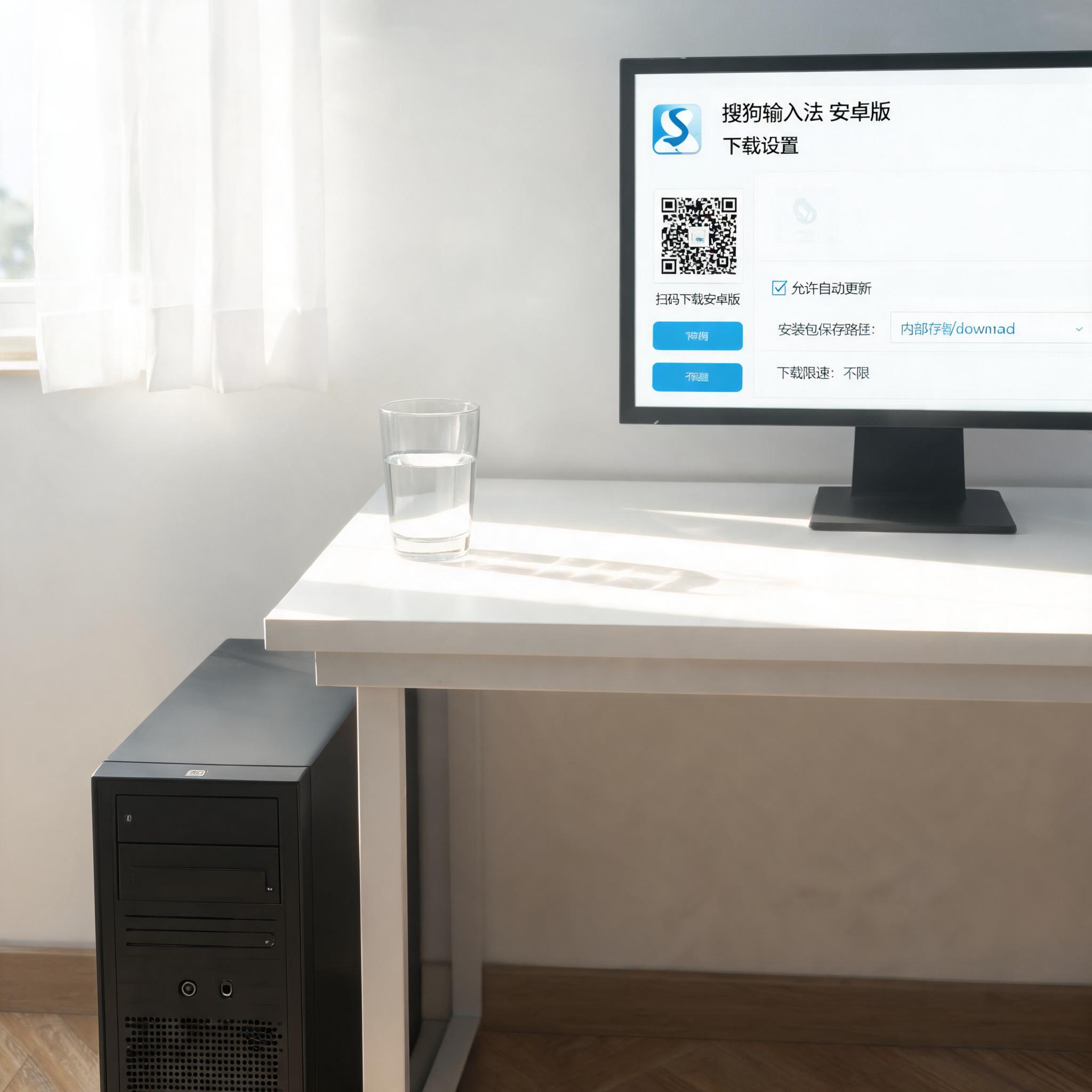书桌上的主机，屏幕显示搜狗输入法安卓版下载设置界面，桌角放着水杯，自然光