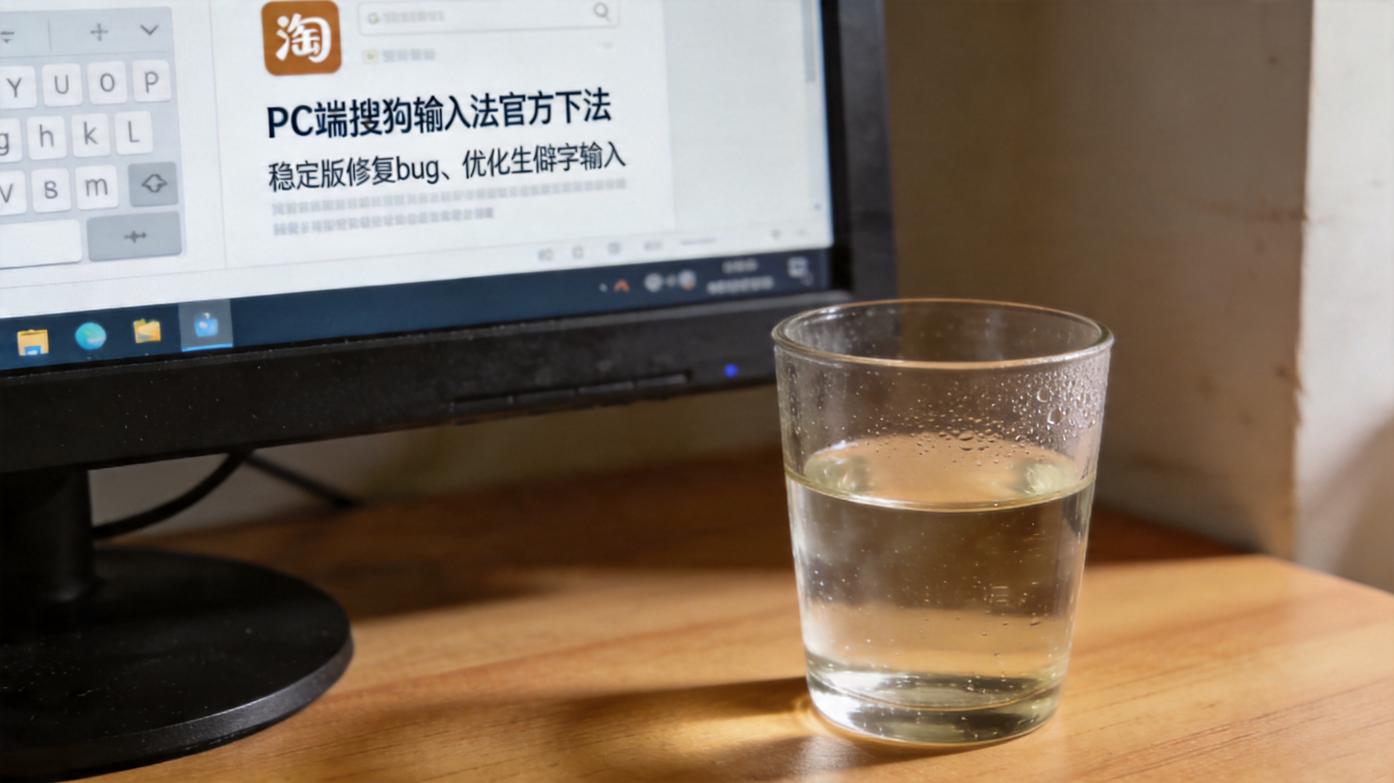 电脑桌面，屏幕显示PC端搜狗输入法官方下载页面，页面标注稳定版修复bug、优化生僻字输入内容，桌面角落放着半杯温水，室内自然光