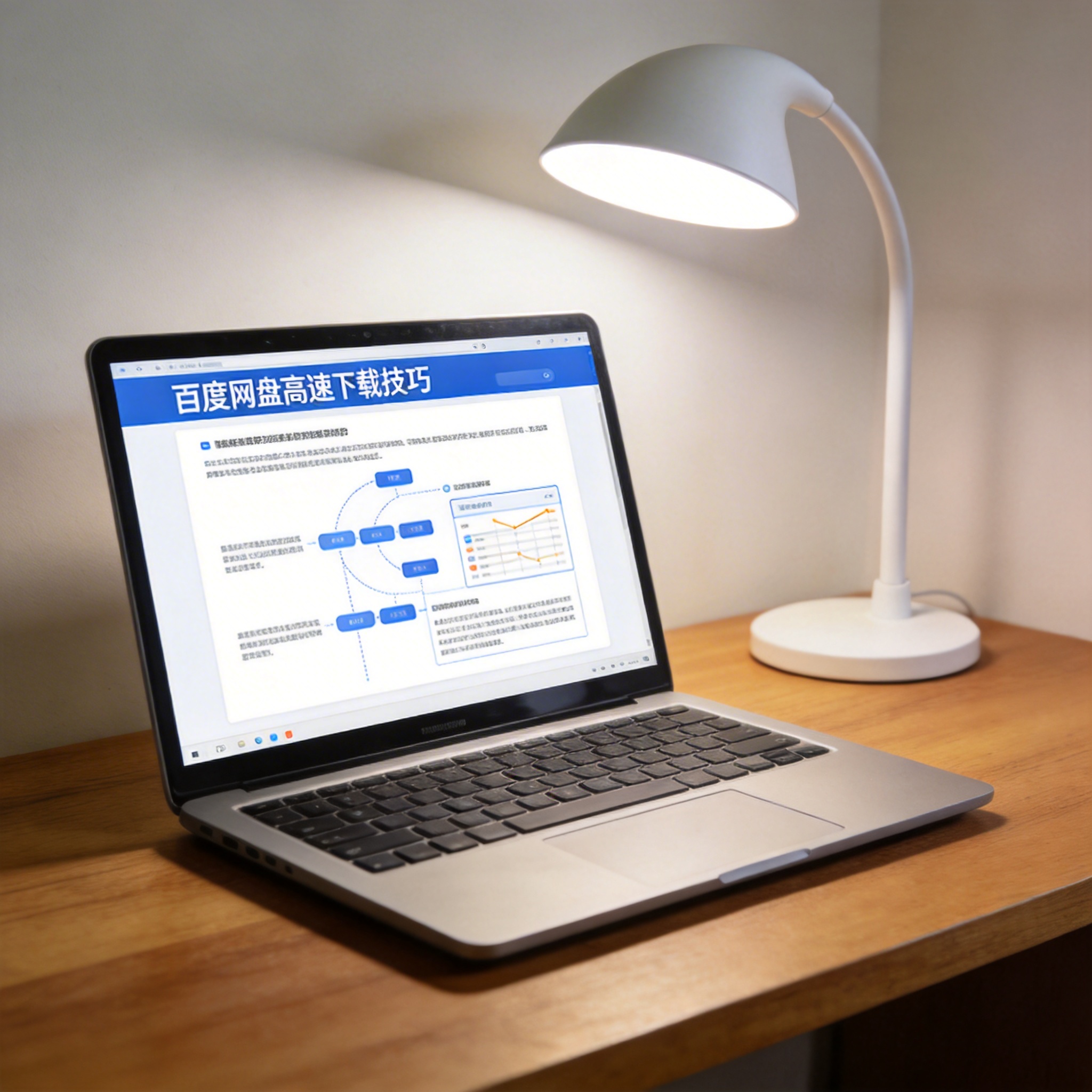 电脑桌上的电脑，屏幕显示百度网盘高速下载技巧界面，旁边放着台灯
