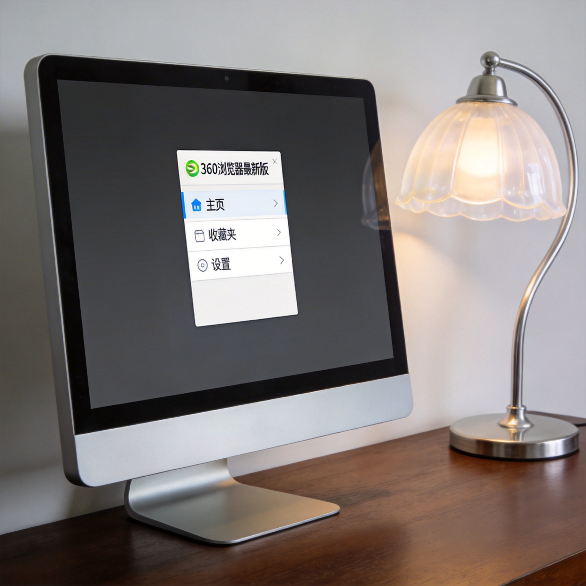 电脑桌上的电脑，屏幕显示360 浏览器最新版菜单，旁边放着台灯