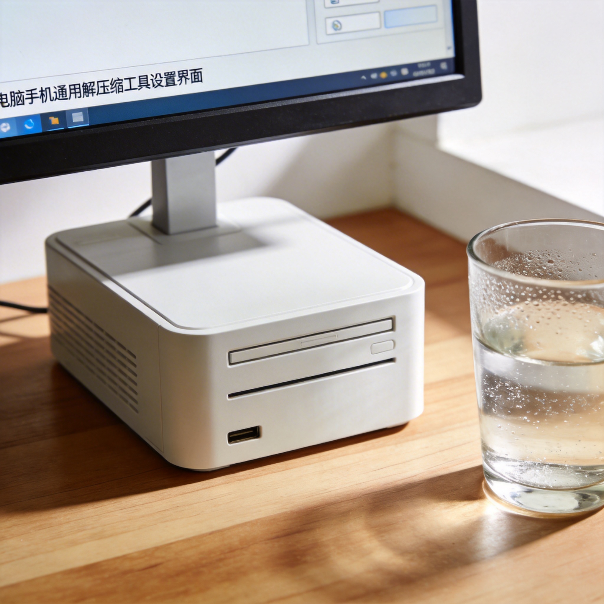 书桌上的主机，屏幕显示电脑手机通用解压缩工具设置界面，桌角放着水杯，自然光