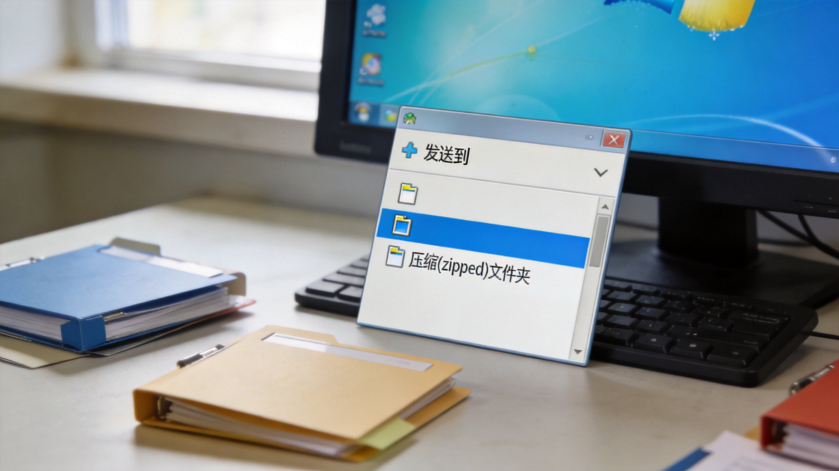 电脑桌面，屏幕显示Windows系统右键菜单，“发送到”选项展开，下方显示“压缩(zipped)文件夹”选项，桌面散落几个文件夹，室内自然光