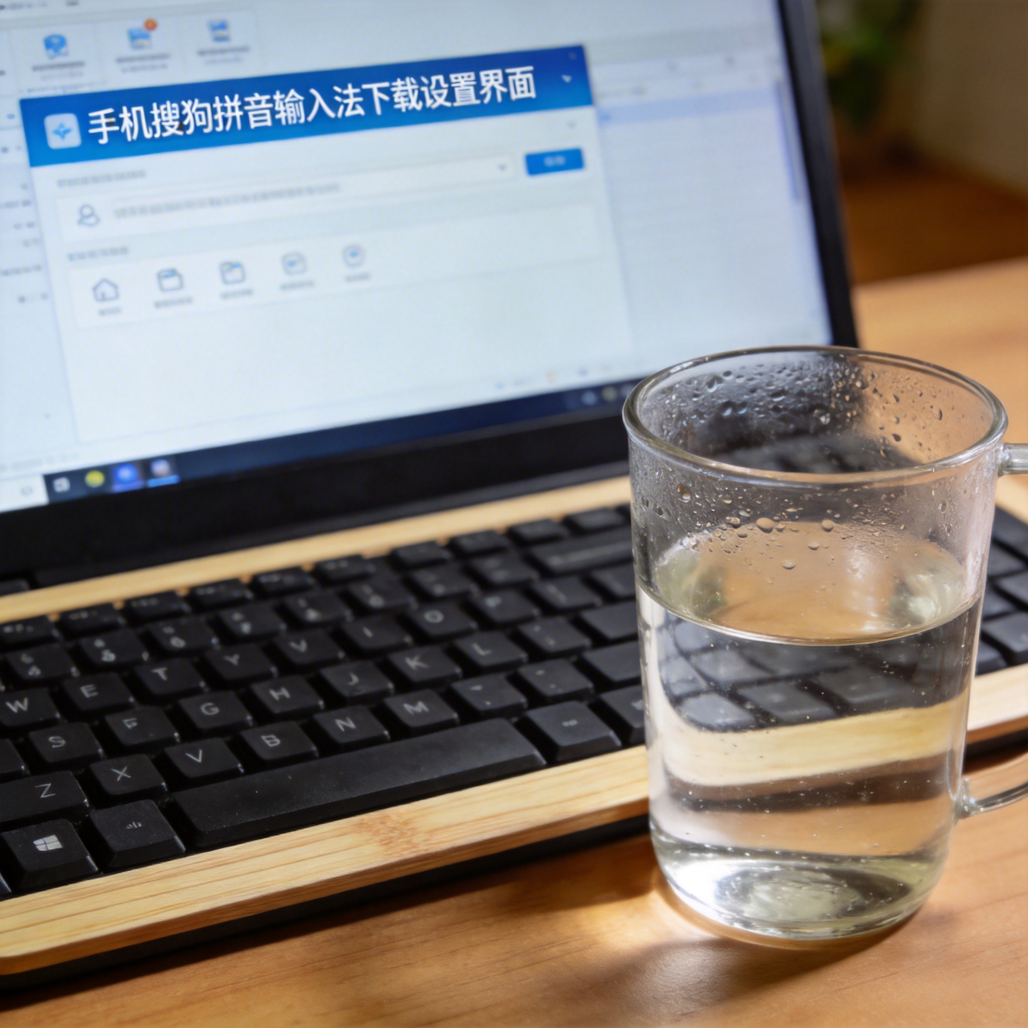 书桌上的键盘，屏幕显示手机搜狗拼音输入法下载设置界面，桌角放着水杯，自然光