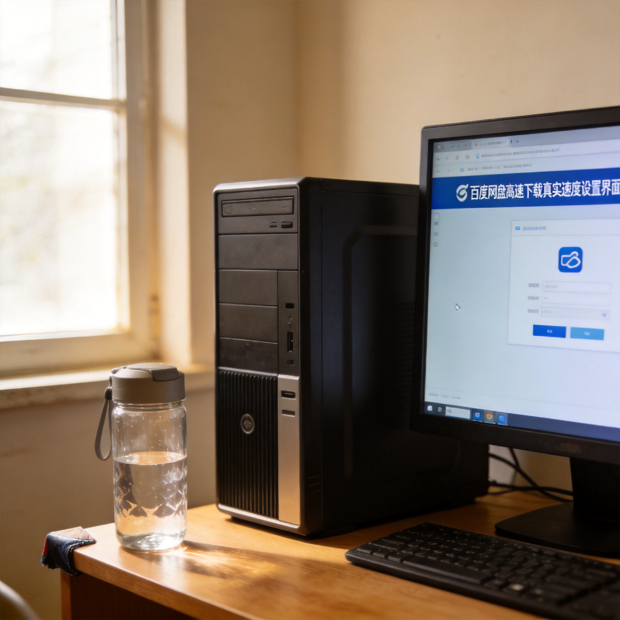 书桌上的主机，屏幕显示百度网盘高速下载真实速度设置界面，桌角放着水杯，自然光