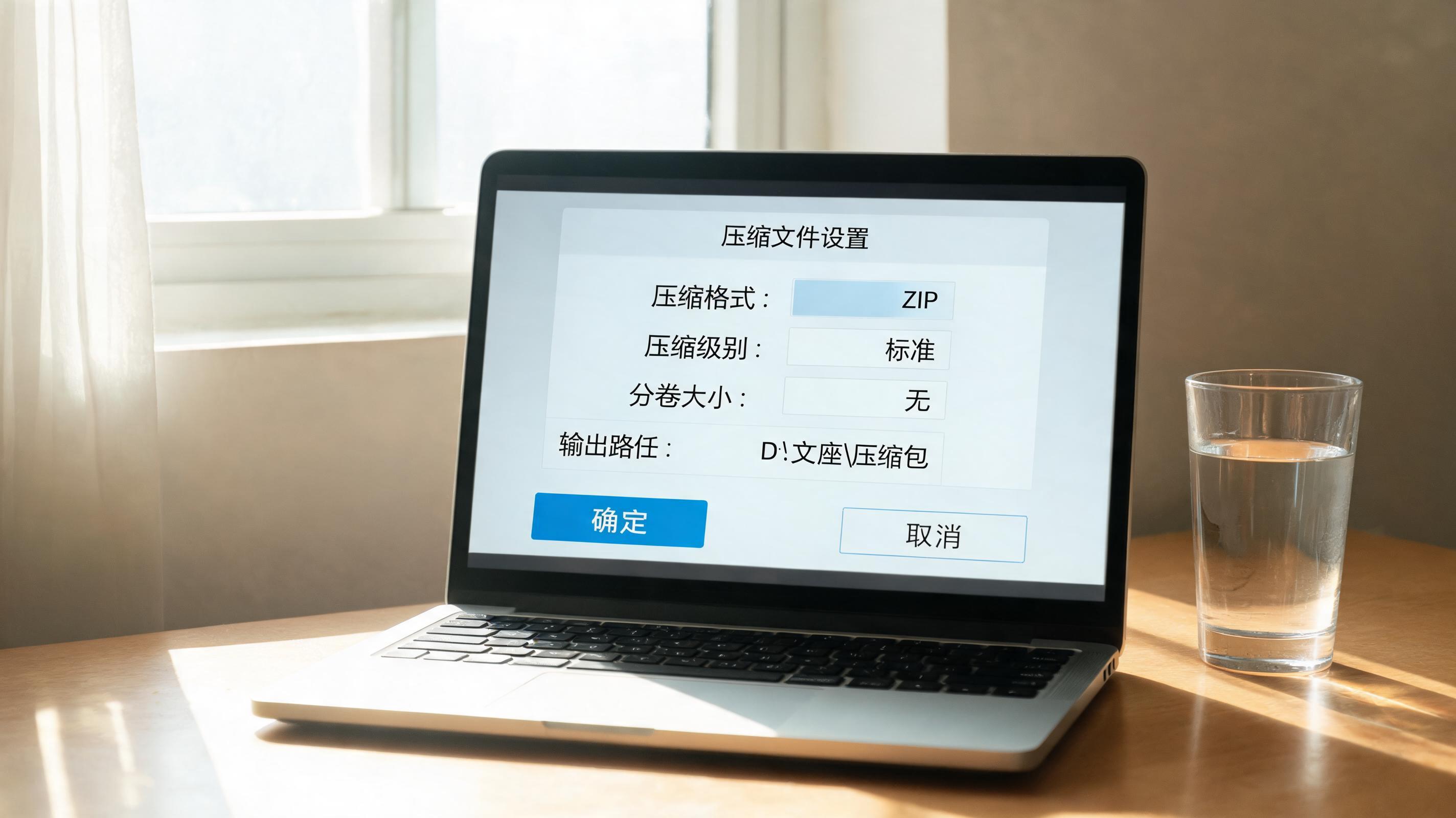 书桌上的电脑，屏幕显示文件压缩设置界面，桌角放着水杯，自然光