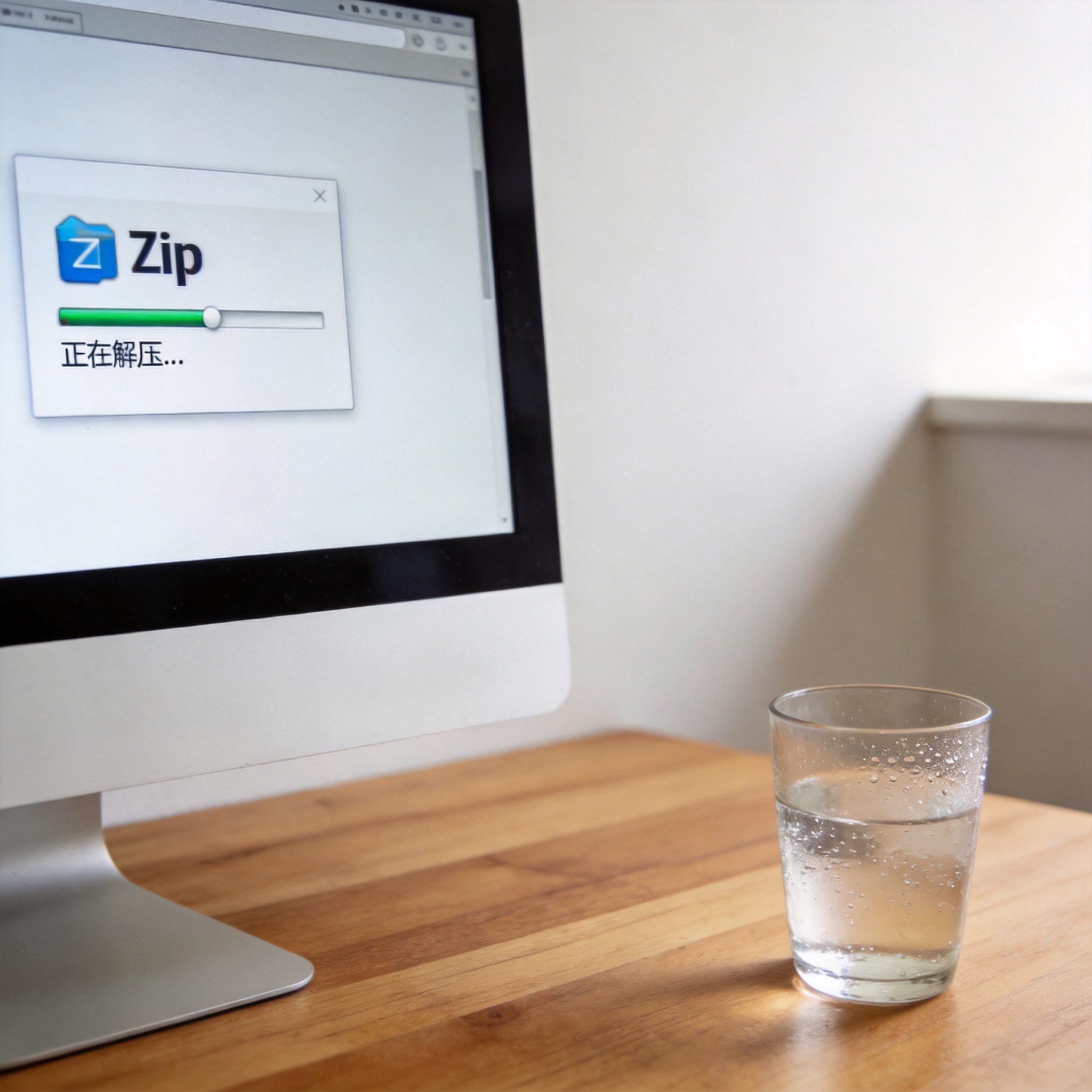 电脑桌的电脑屏幕显示7Zip软件的zip文件解压界面，桌面角落放着半杯凉白开，室内自然光
