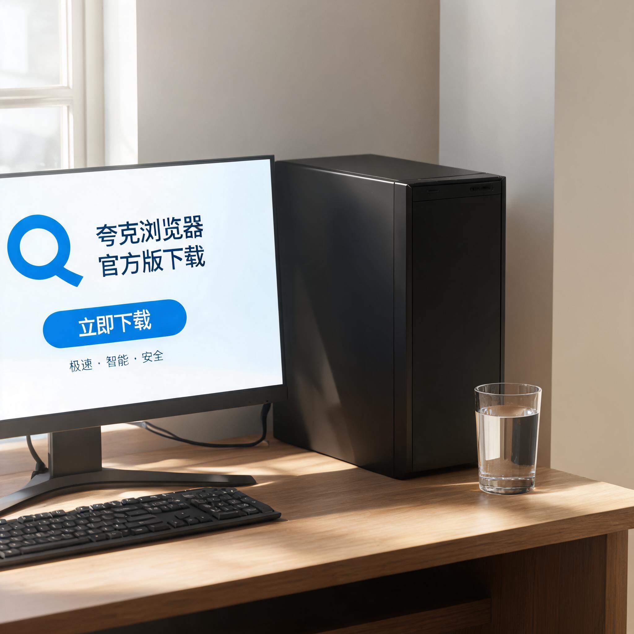 书桌上的主机，屏幕显示夸克浏览器官方版下载设置界面，桌角放着水杯，自然光