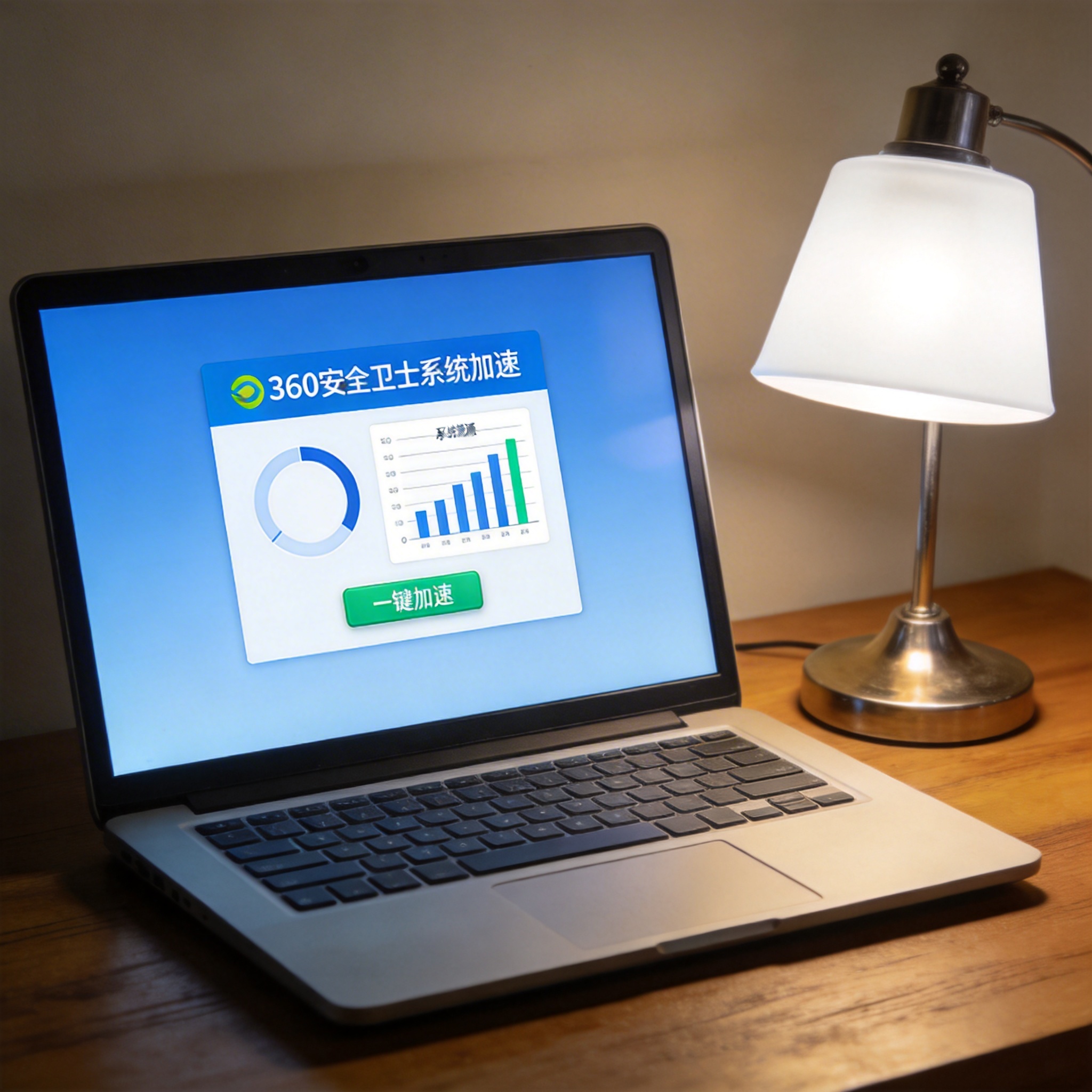 电脑桌上的电脑，屏幕显示360 安全卫士系统加速界面，旁边放着台灯