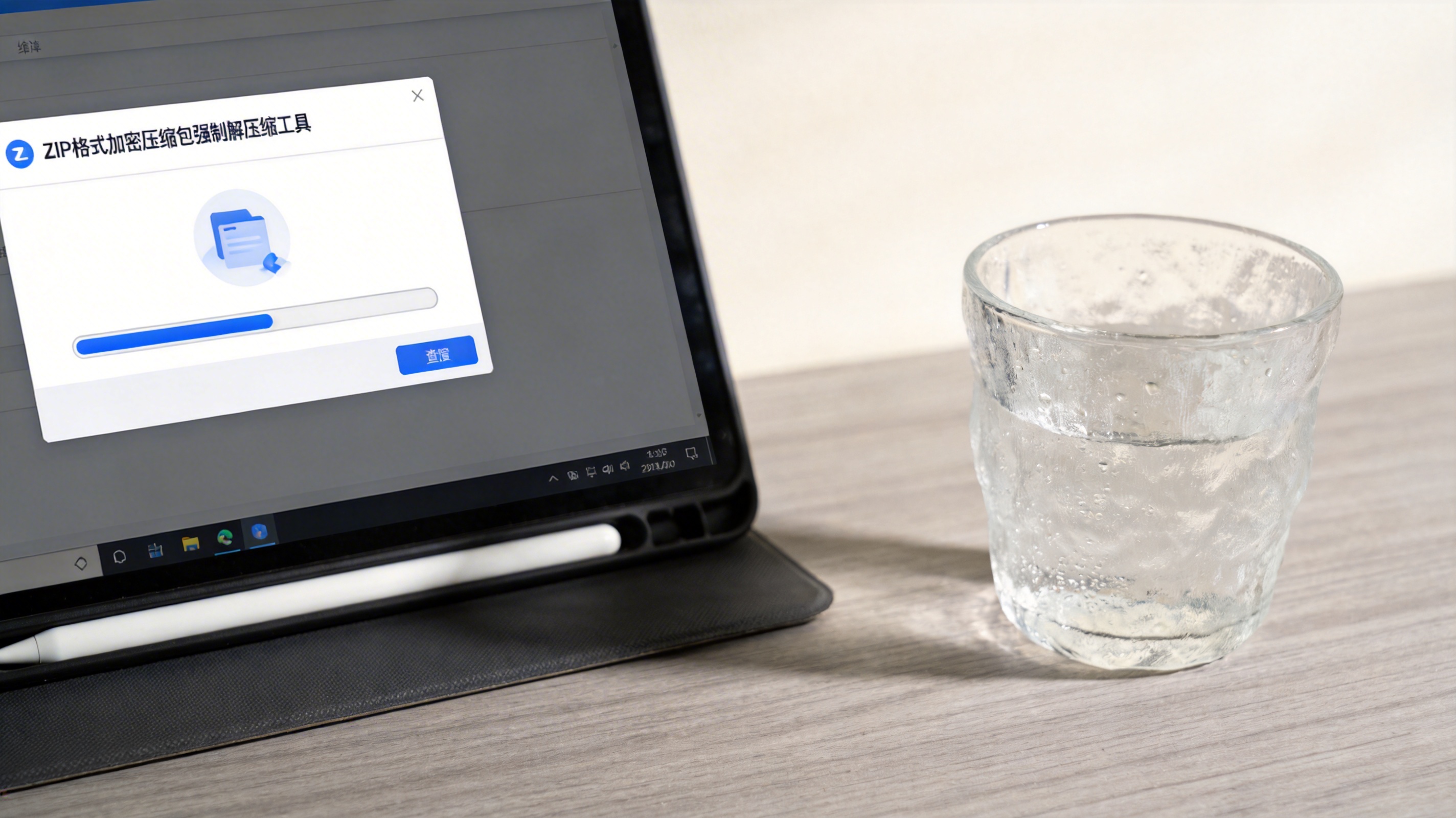 电脑桌面，屏幕显示ZIP格式加密压缩包强制解压缩工具界面，进度条缓慢推进，旁边放着半杯凉白开，室内自然光