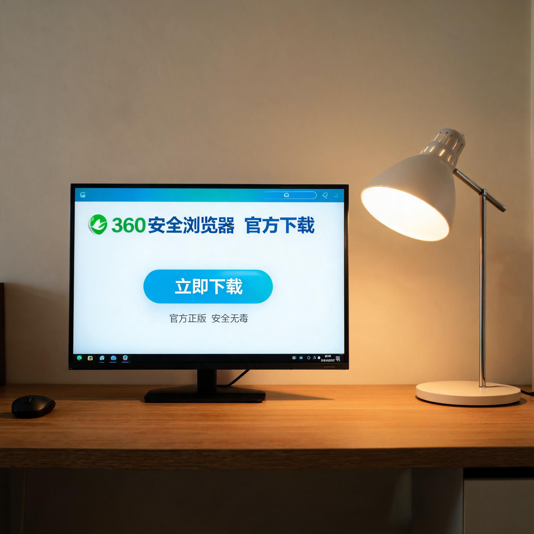 电脑桌上的电脑，屏幕显示360 安全浏览器官方下载界面，旁边放着台灯
