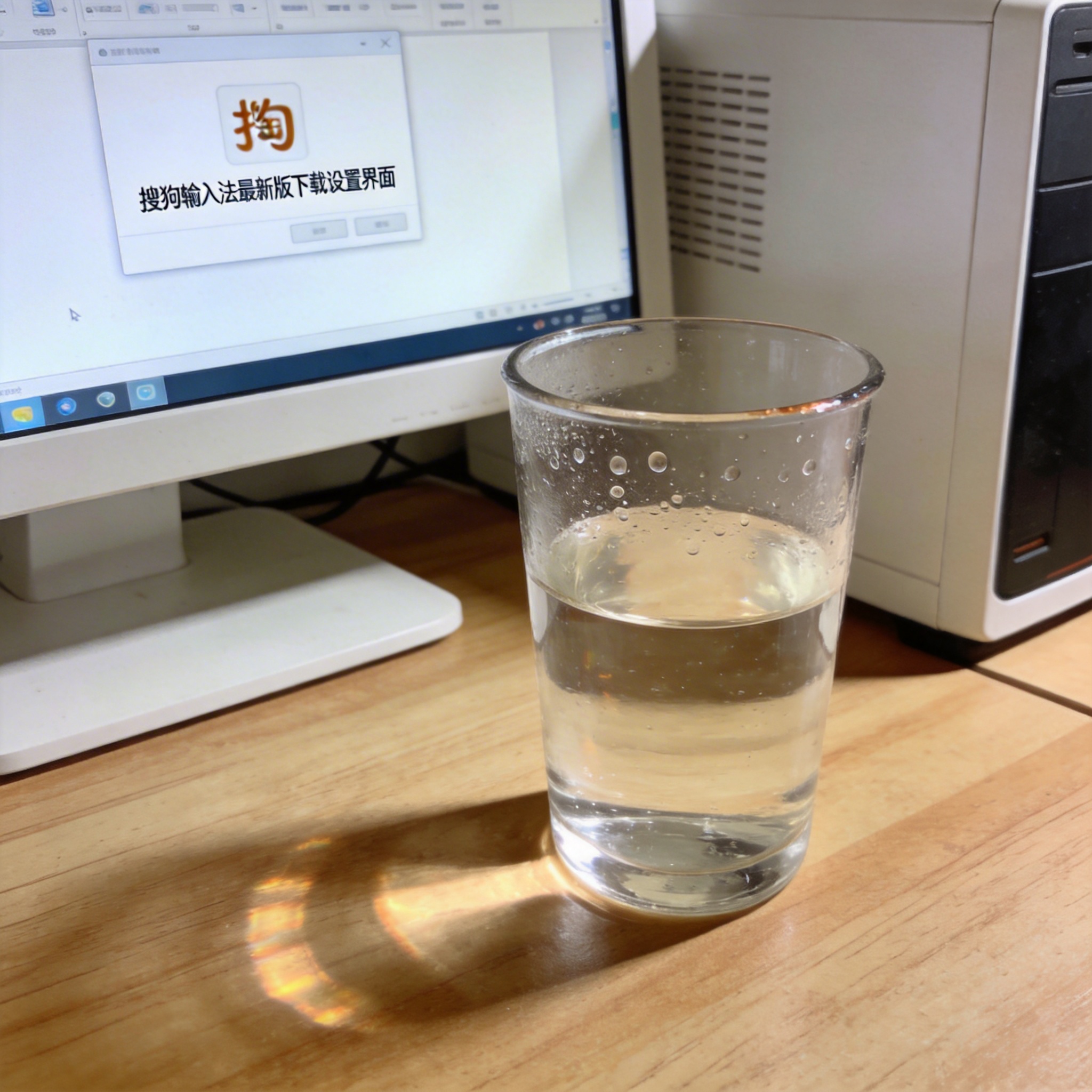 书桌上的主机，屏幕显示搜狗输入法最新版下载设置界面，桌角放着水杯，自然光