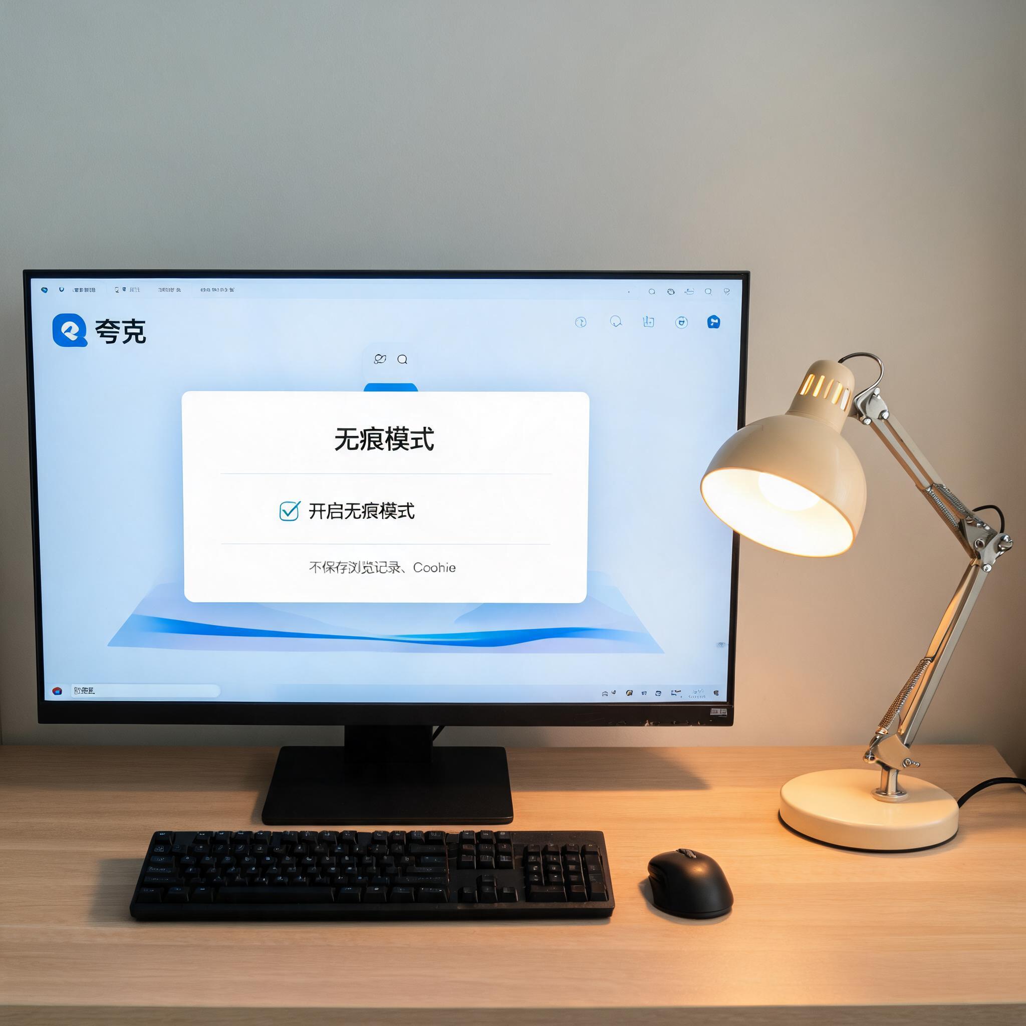 电脑桌上的电脑，屏幕显示夸克浏览器无痕模式开启菜单，旁边放着台灯