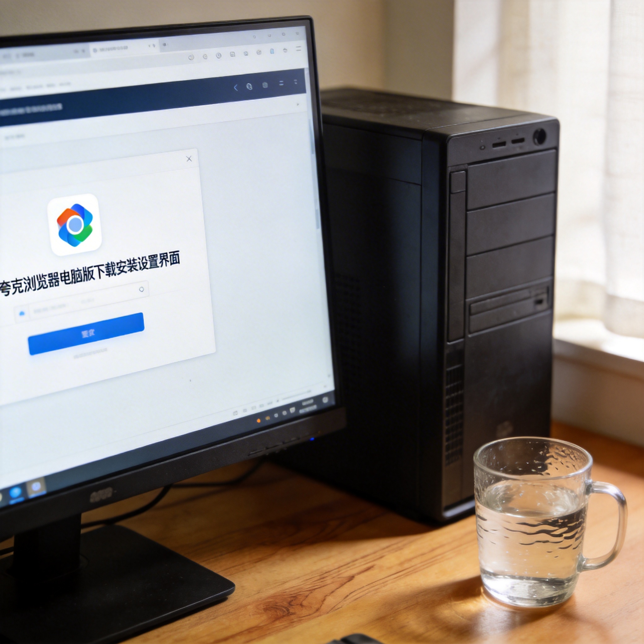 书桌上的主机，屏幕显示夸克浏览器电脑版下载安装设置界面，桌角放着水杯，自然光
