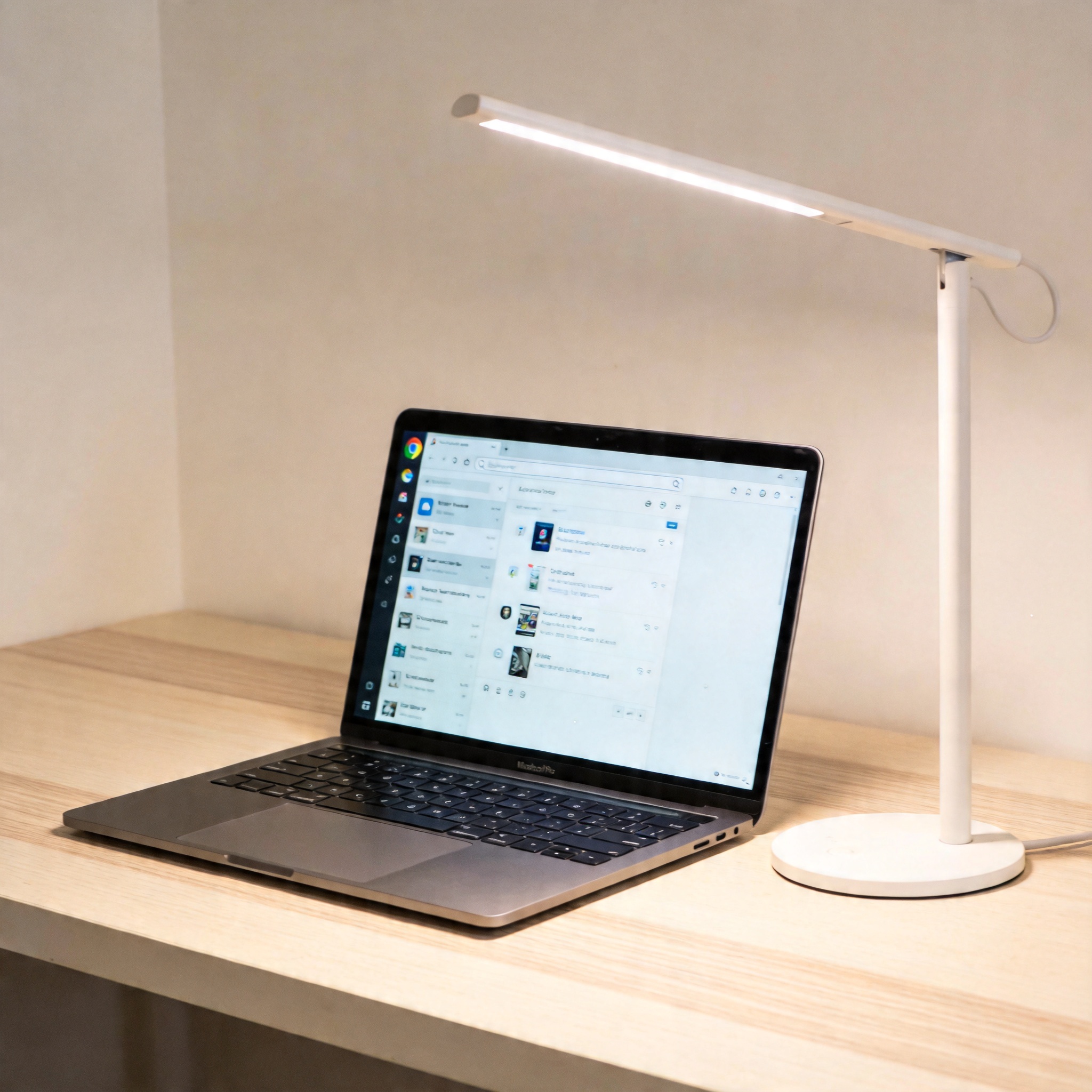 电脑桌上的电脑，屏幕显示Chrome界面，旁边放着台灯