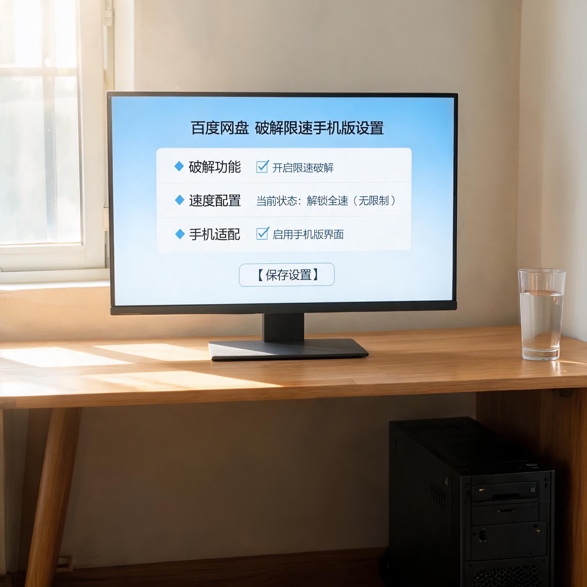书桌上的主机，屏幕显示百度网盘破解限速手机版设置界面，桌角放着水杯，自然光