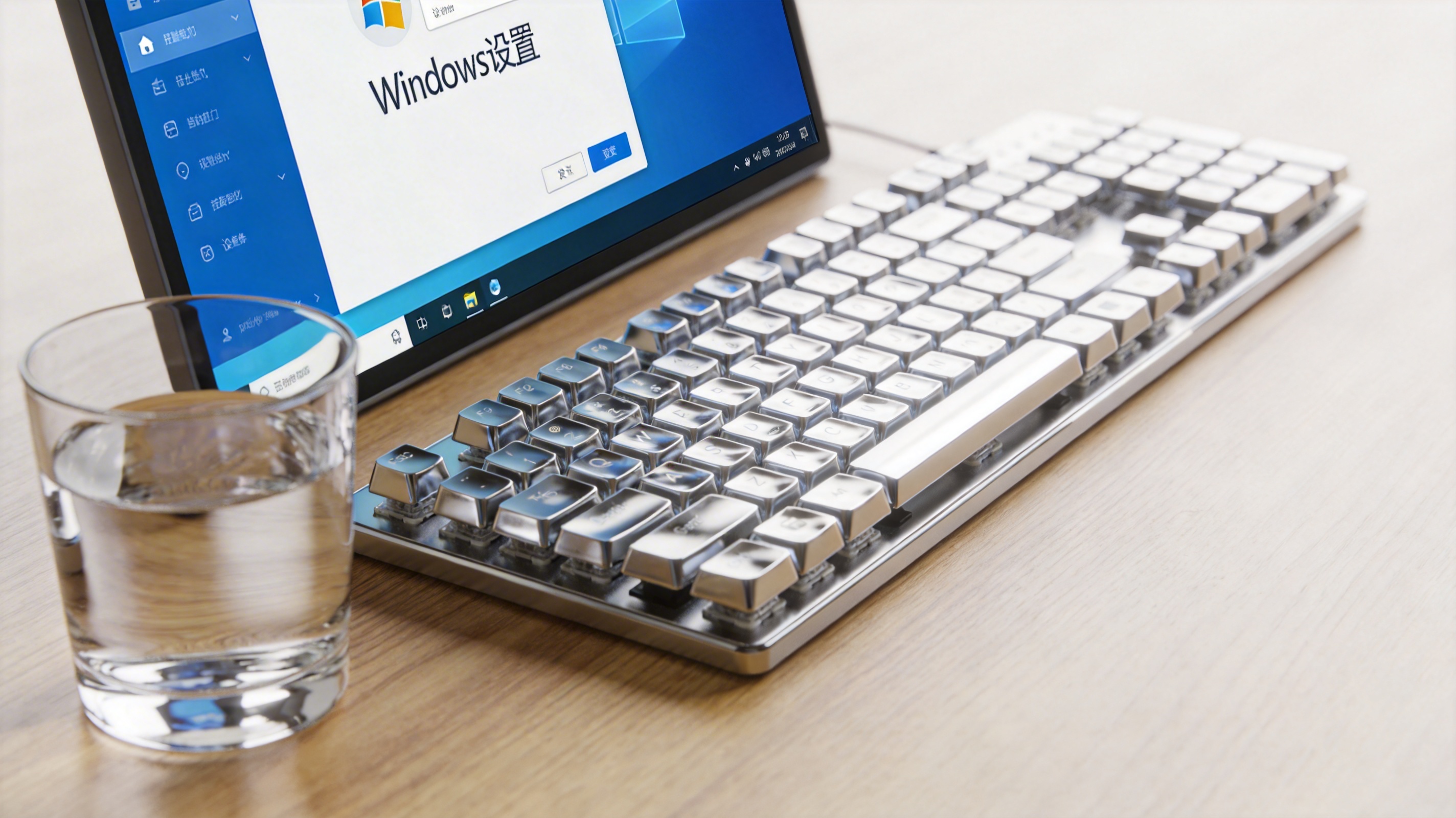 书桌上的键盘，屏幕显示Windows设置界面，桌角放着水杯，自然光