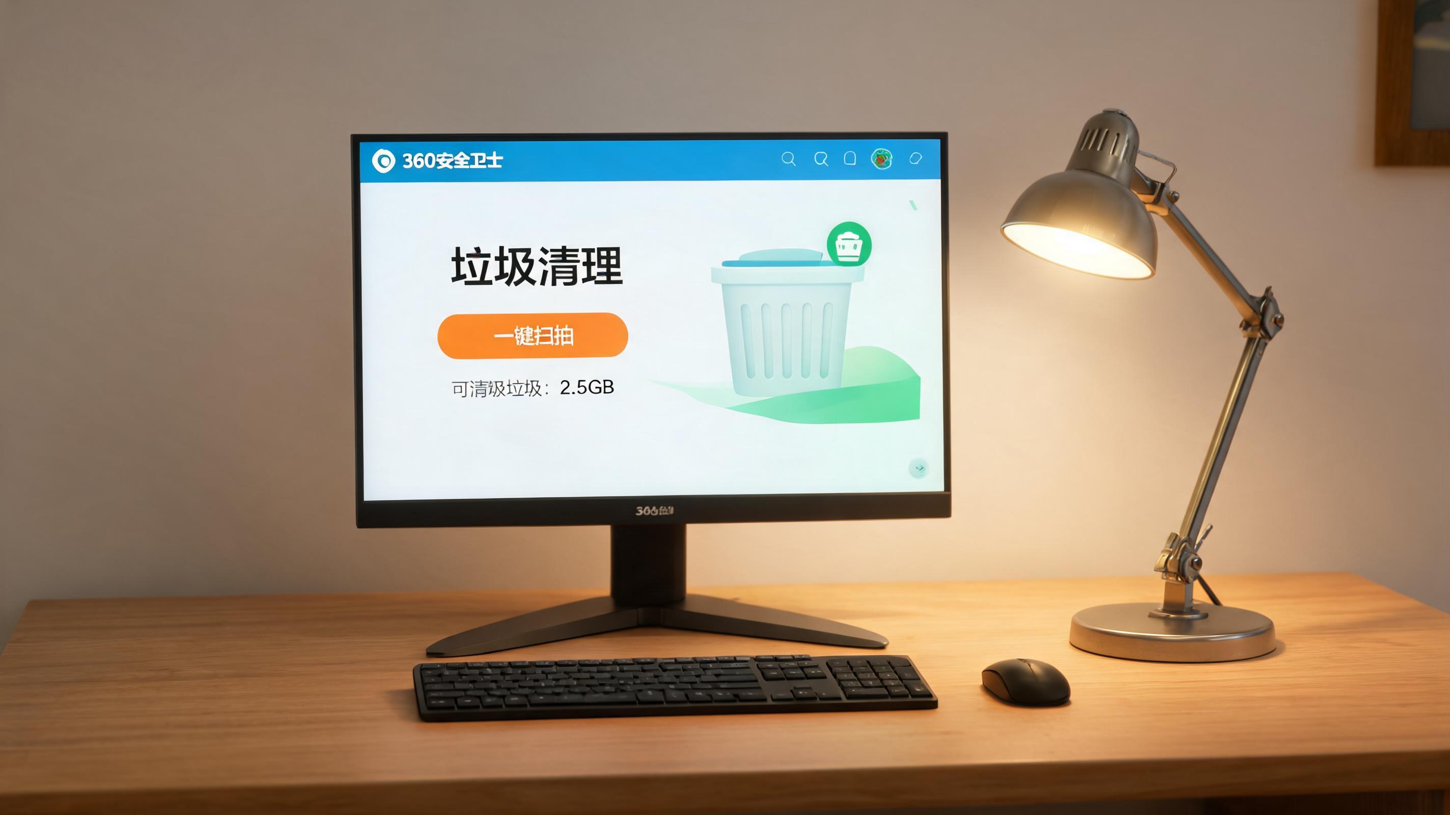 电脑桌上的电脑，屏幕显示360 安全卫士垃圾清理界面，旁边放着台灯
