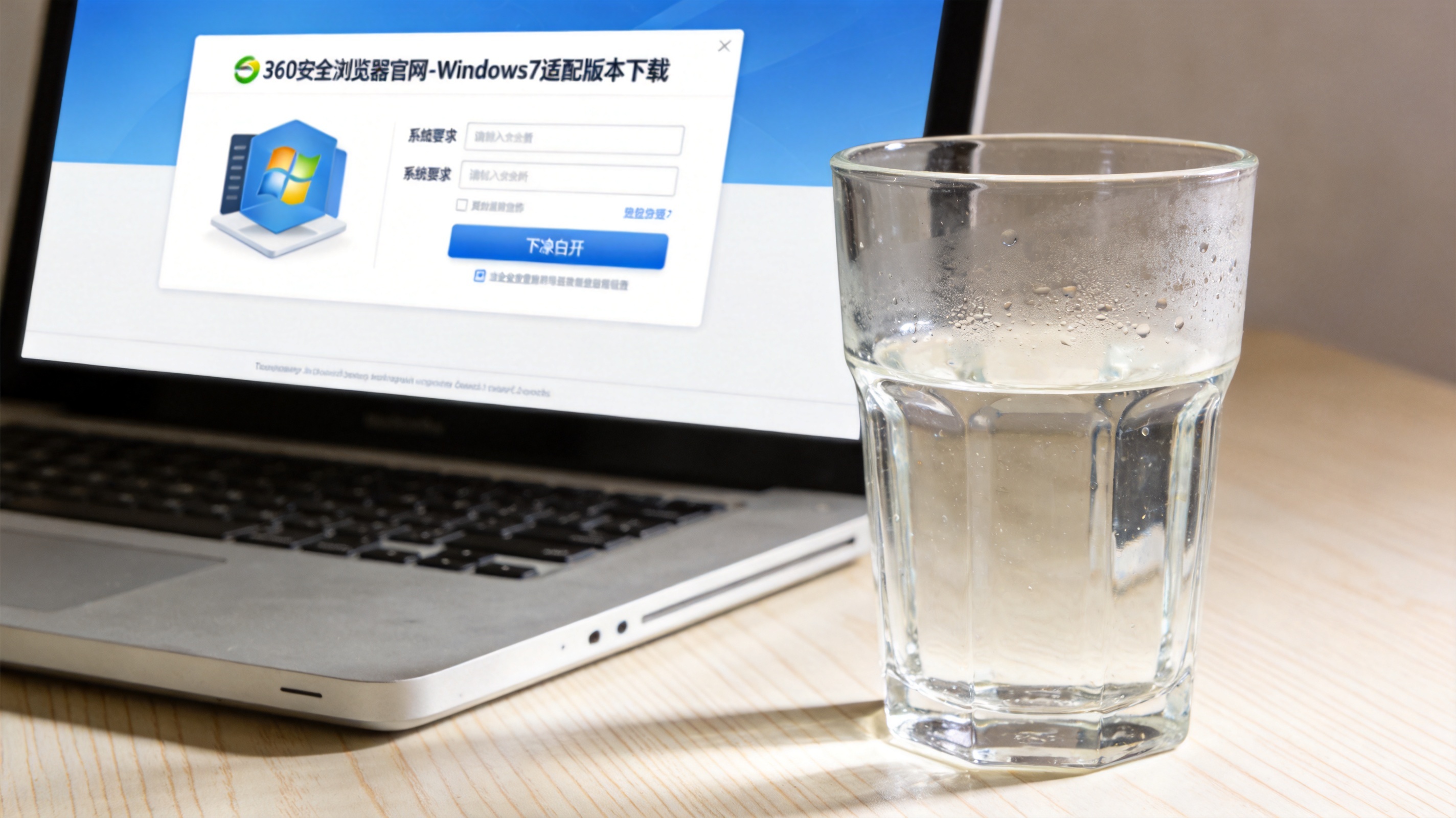 电脑桌面，屏幕显示360安全浏览器官网的Windows7适配版本下载界面，旁边放着半杯凉白开，室内自然光