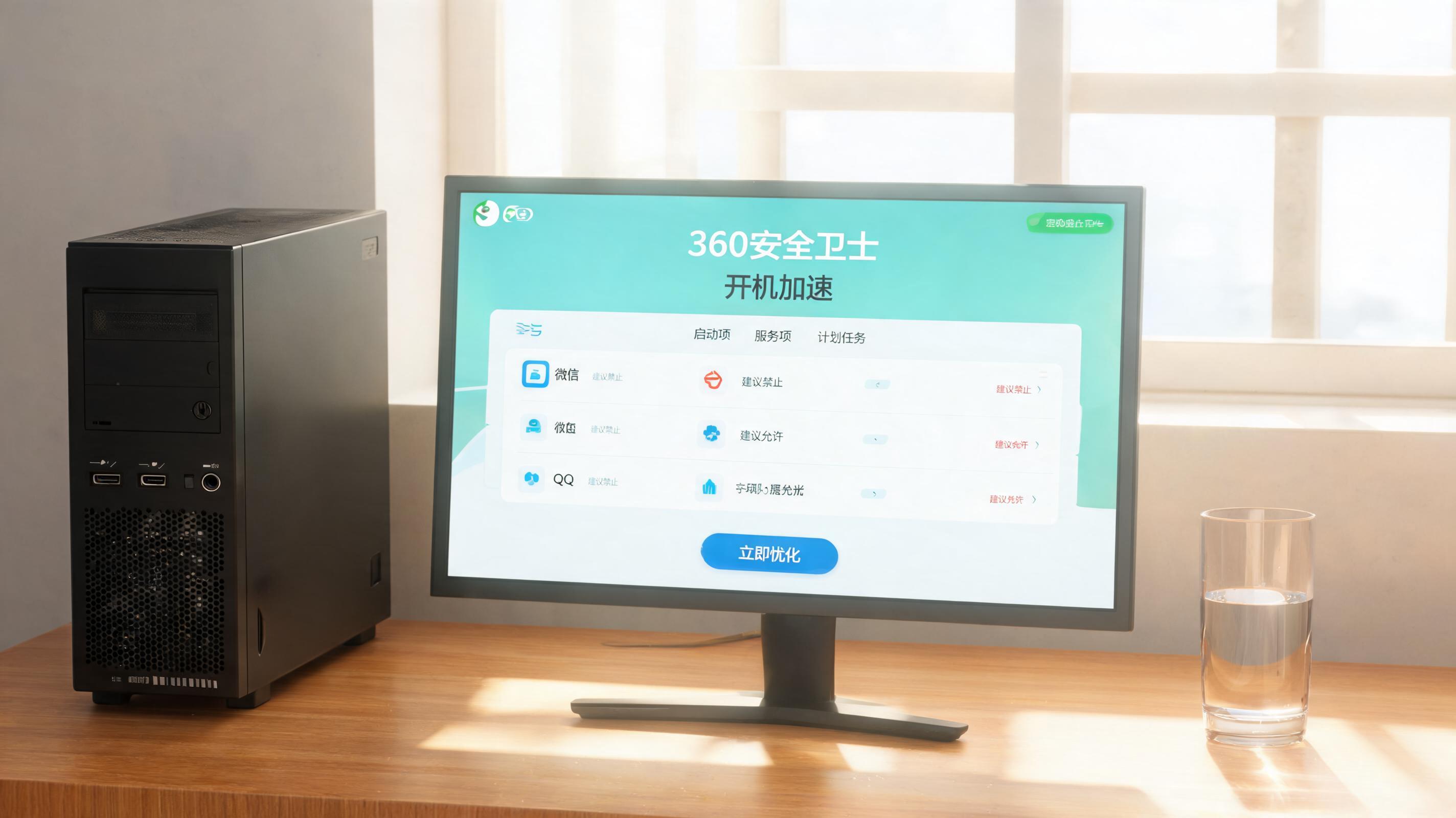 书桌上的主机，屏幕显示360 安全卫士开机加速设置设置界面，桌角放着水杯，自然光