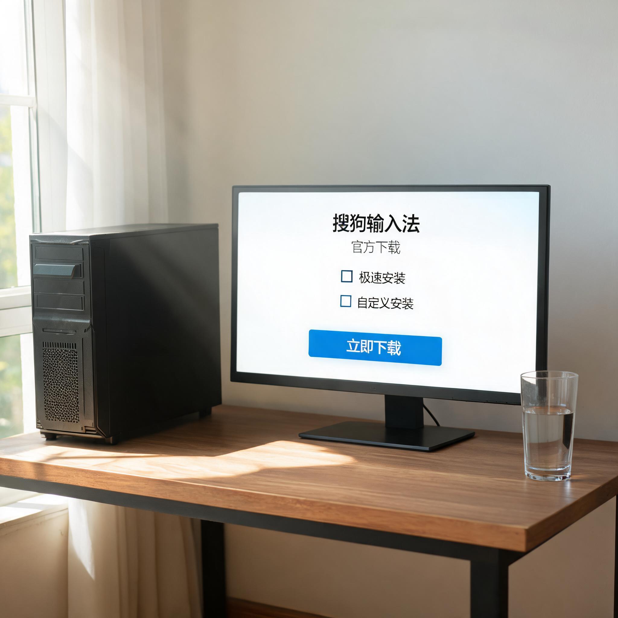 书桌上的主机，屏幕显示搜狗输入法官方下载设置界面，桌角放着水杯，自然光
