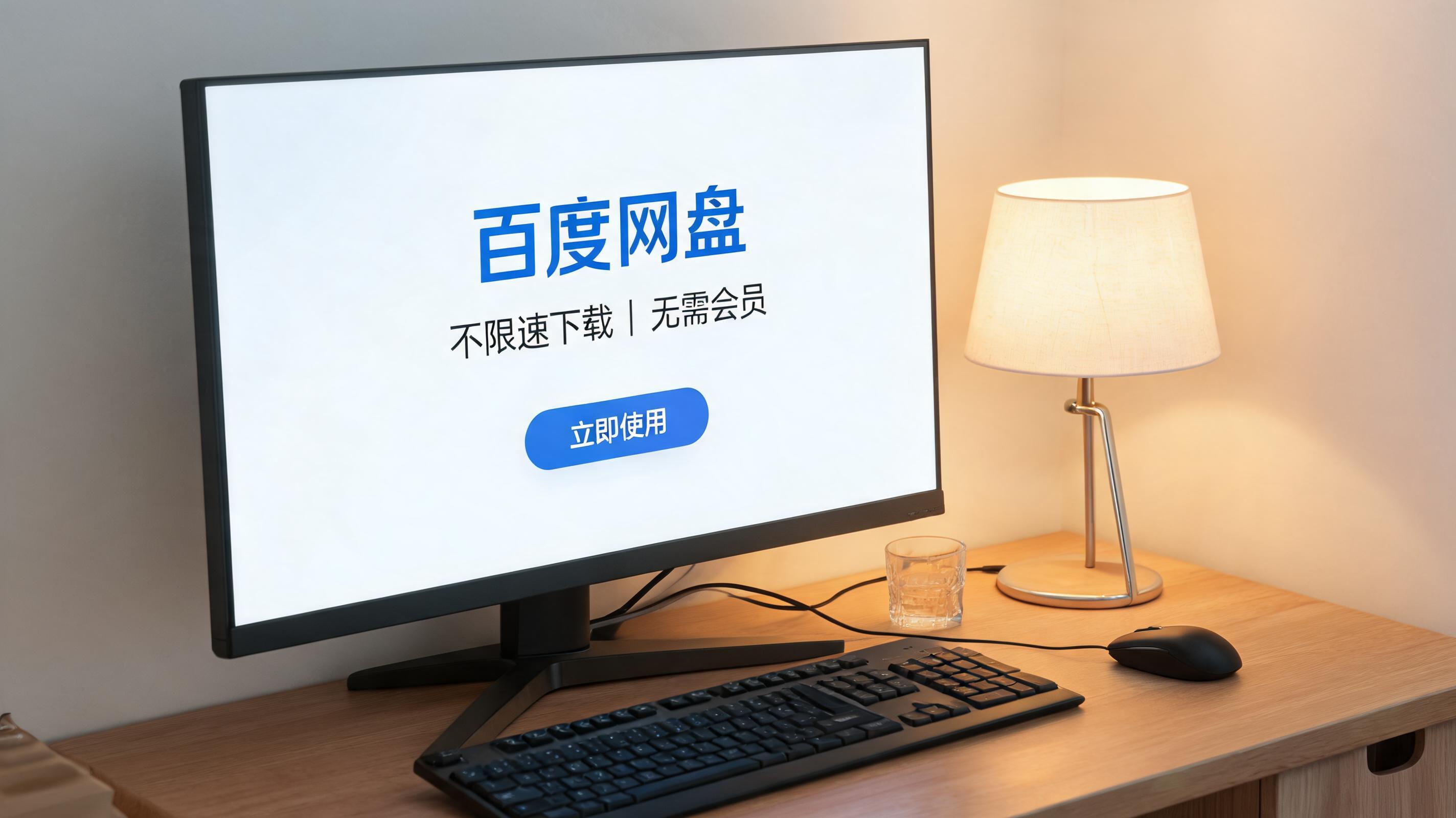 电脑桌上的电脑，屏幕显示百度网盘不限速下载无需会员桌面，旁边放着台灯