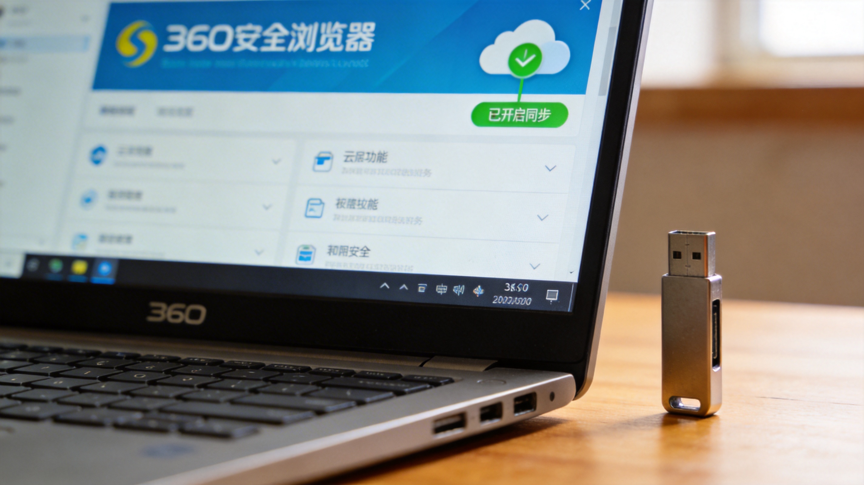电脑桌面，屏幕显示360安全浏览器电脑端界面，云同步功能处于开启状态，旁边放着U盘，室内自然光