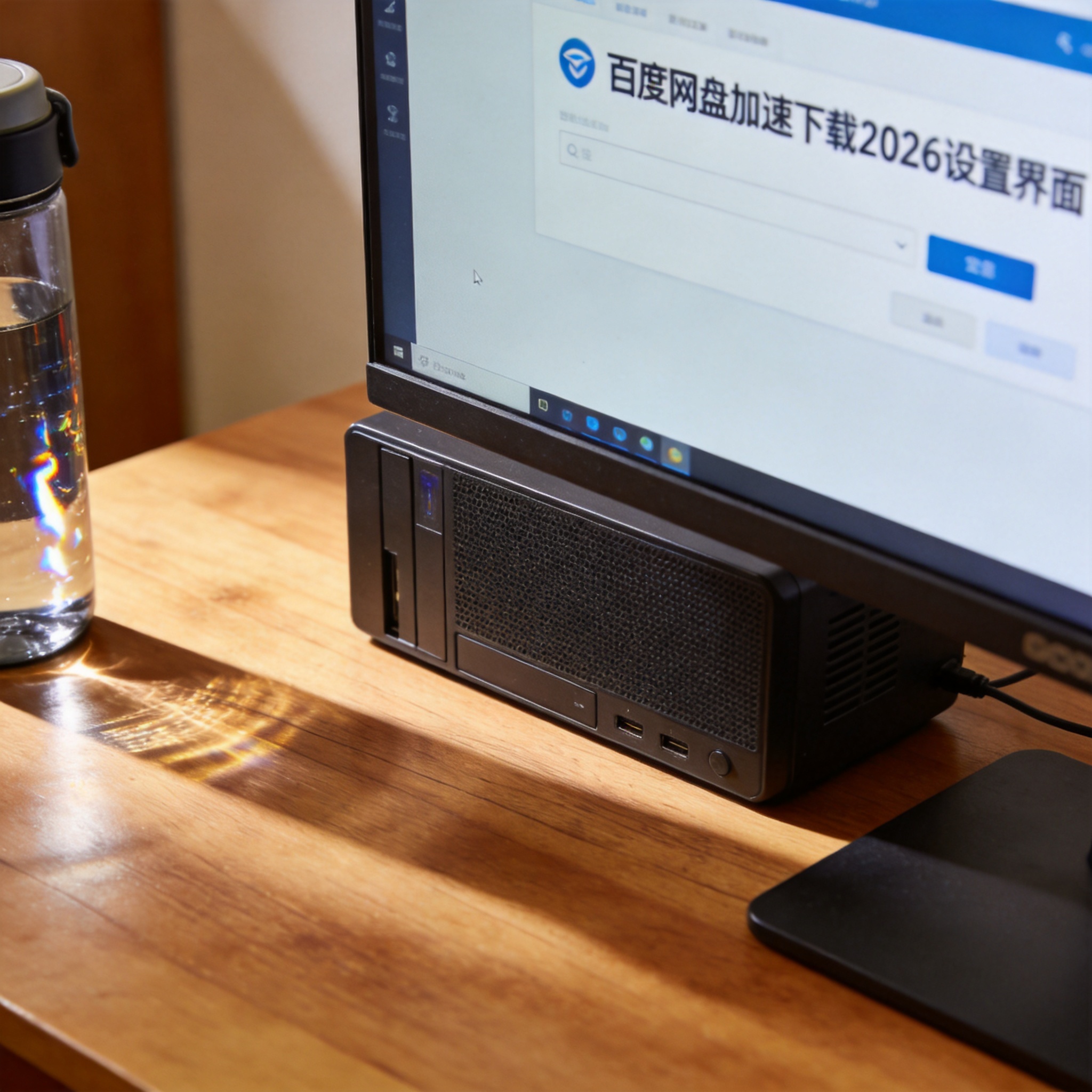 书桌上的主机，屏幕显示百度网盘加速下载 2026设置界面，桌角放着水杯，自然光