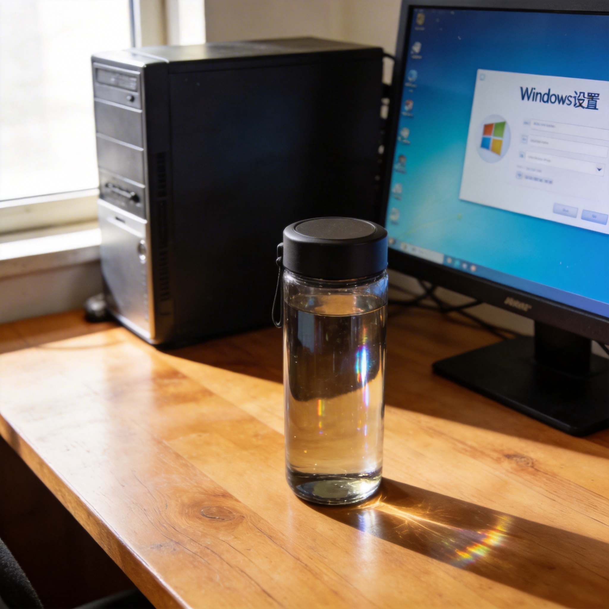 书桌上的主机，屏幕显示Windows设置界面，桌角放着水杯，自然光