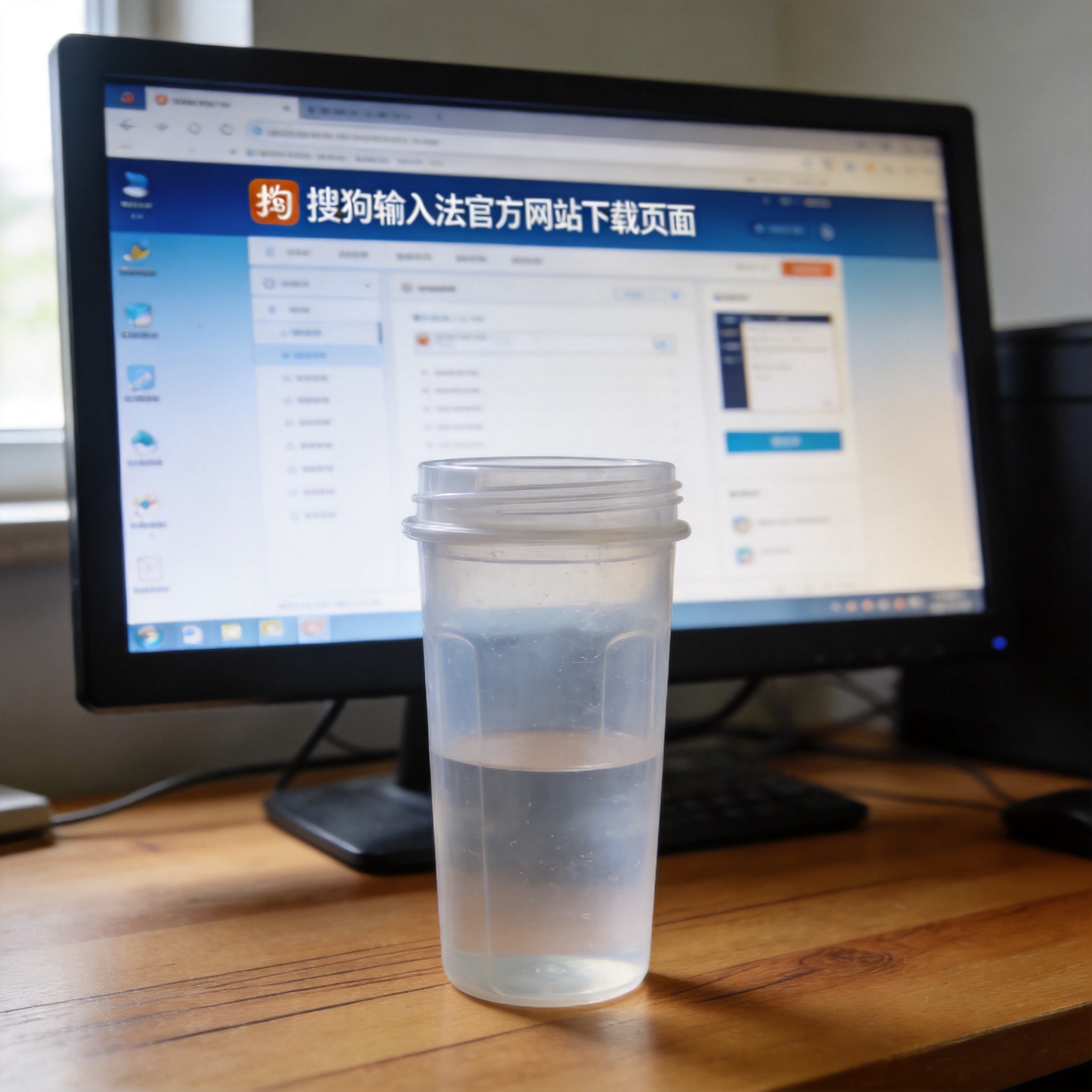电脑桌的Windows系统电脑，屏幕显示搜狗输入法官方网站下载页面，桌面放着半透明塑料水杯，室内自然光