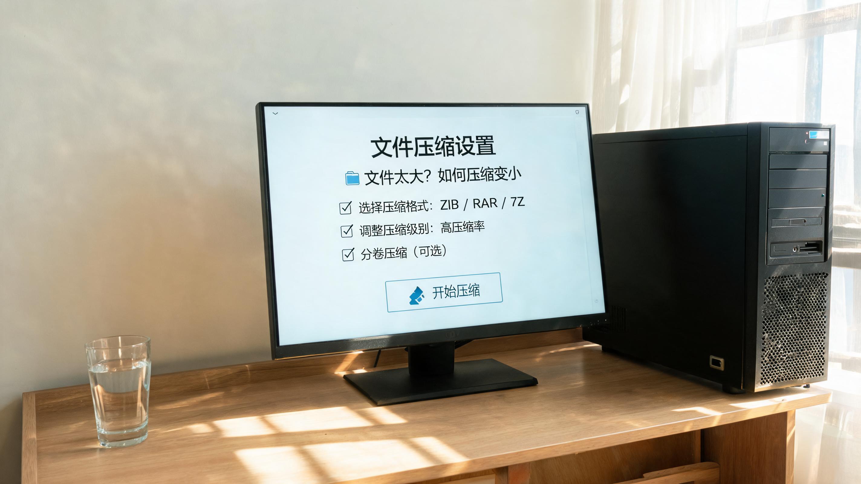 书桌上的主机，屏幕显示文件太大怎么压缩变小设置界面，桌角放着水杯，自然光