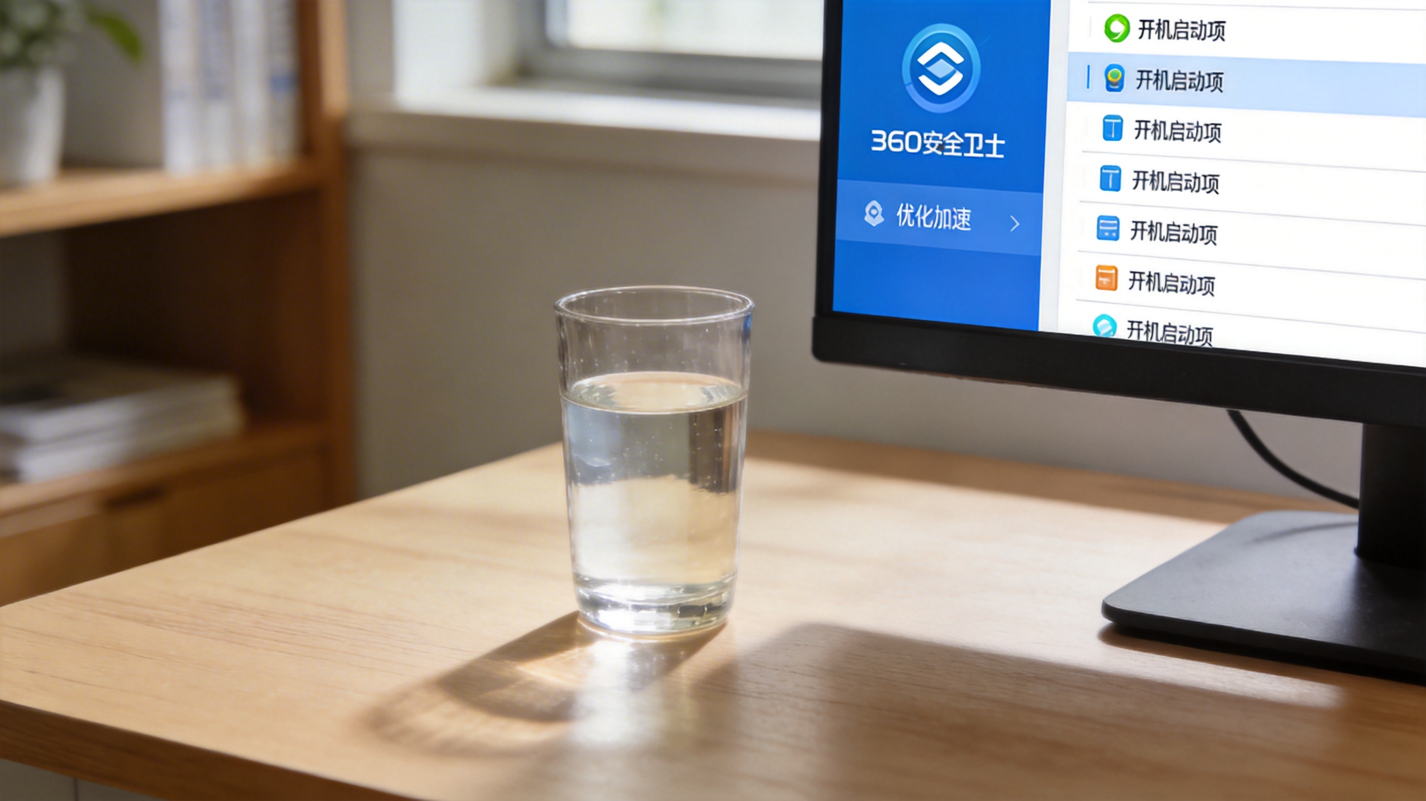 电脑桌面，屏幕显示360安全卫士的优化加速界面，页面列出开机启动项分类，旁边放着半杯凉白开，室内自然光