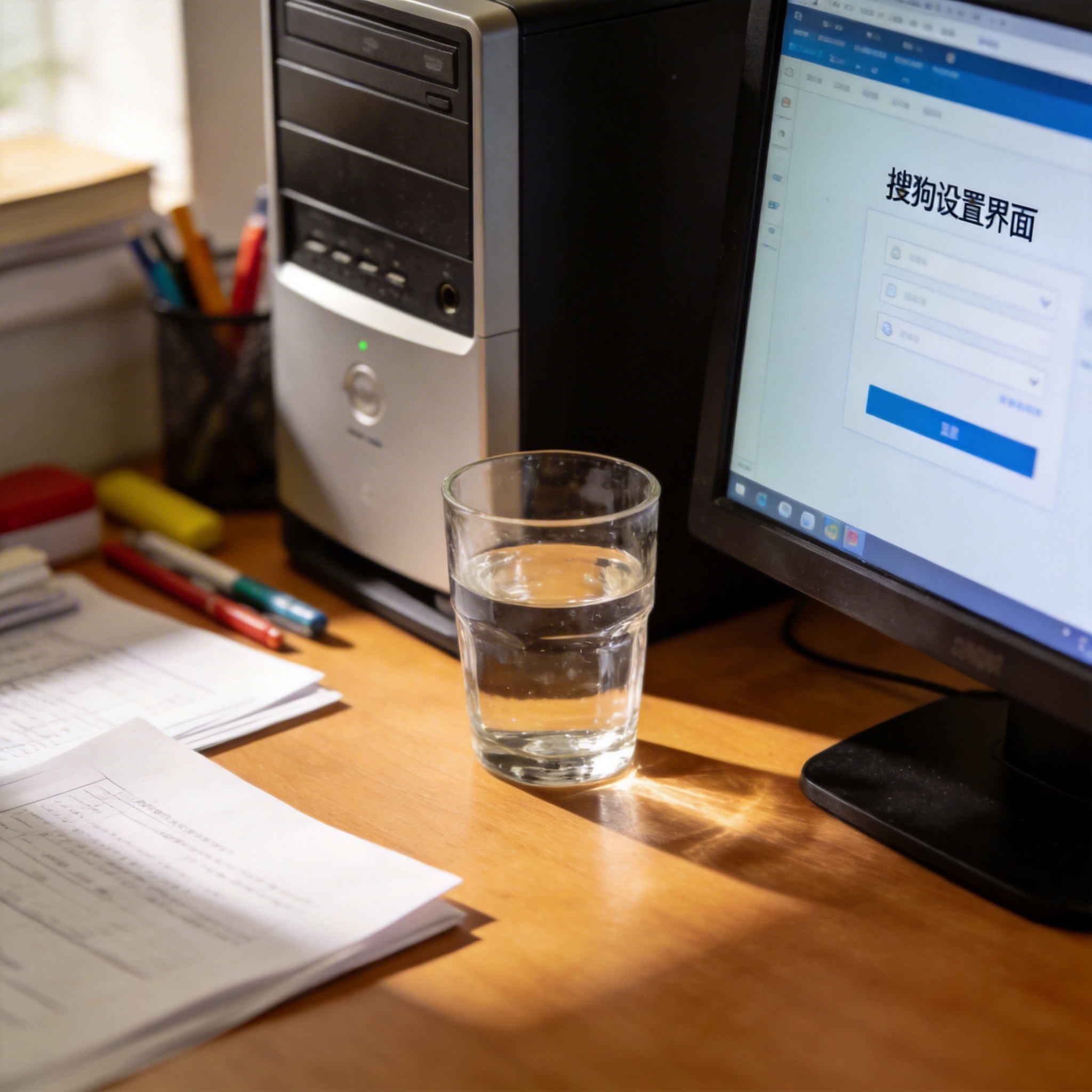 书桌上的主机，屏幕显示搜狗设置界面，桌角放着水杯，自然光
