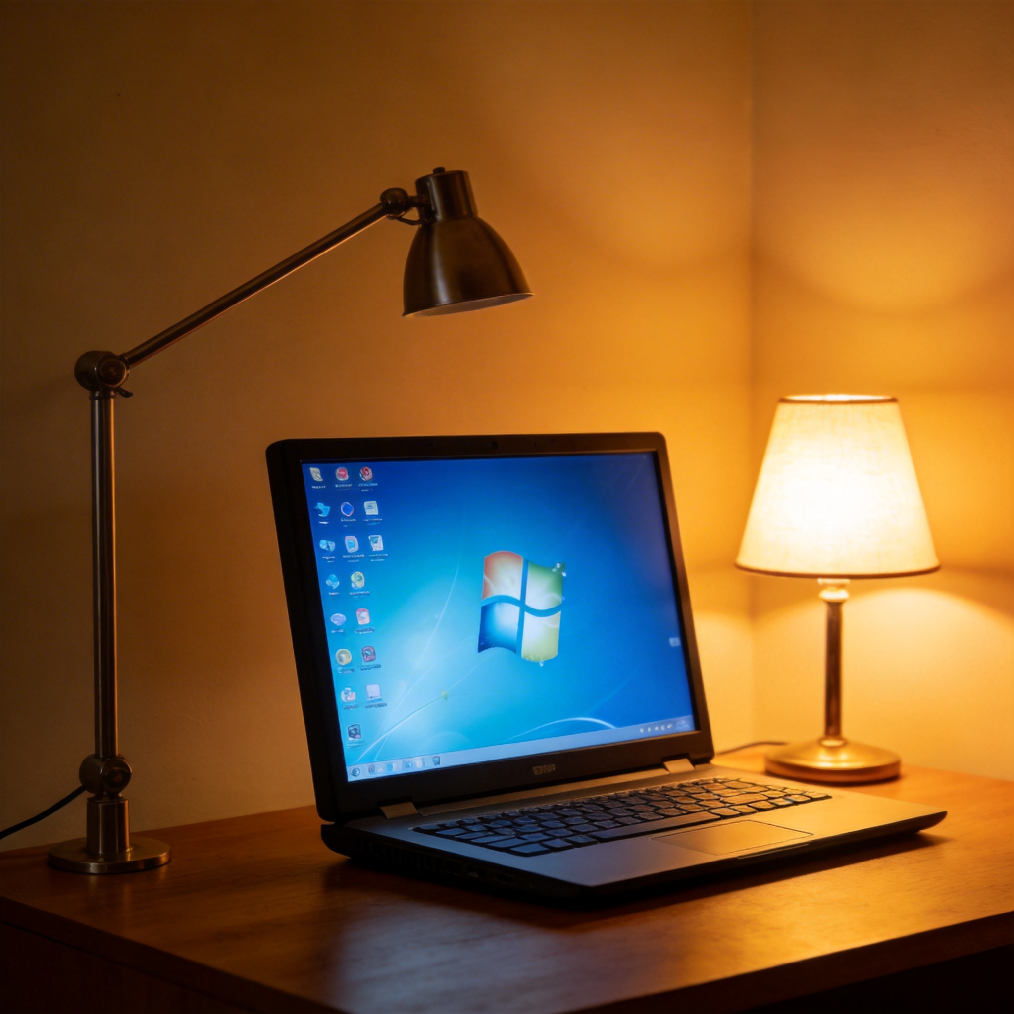 电脑桌上的电脑，屏幕显示Windows桌面，旁边放着台灯