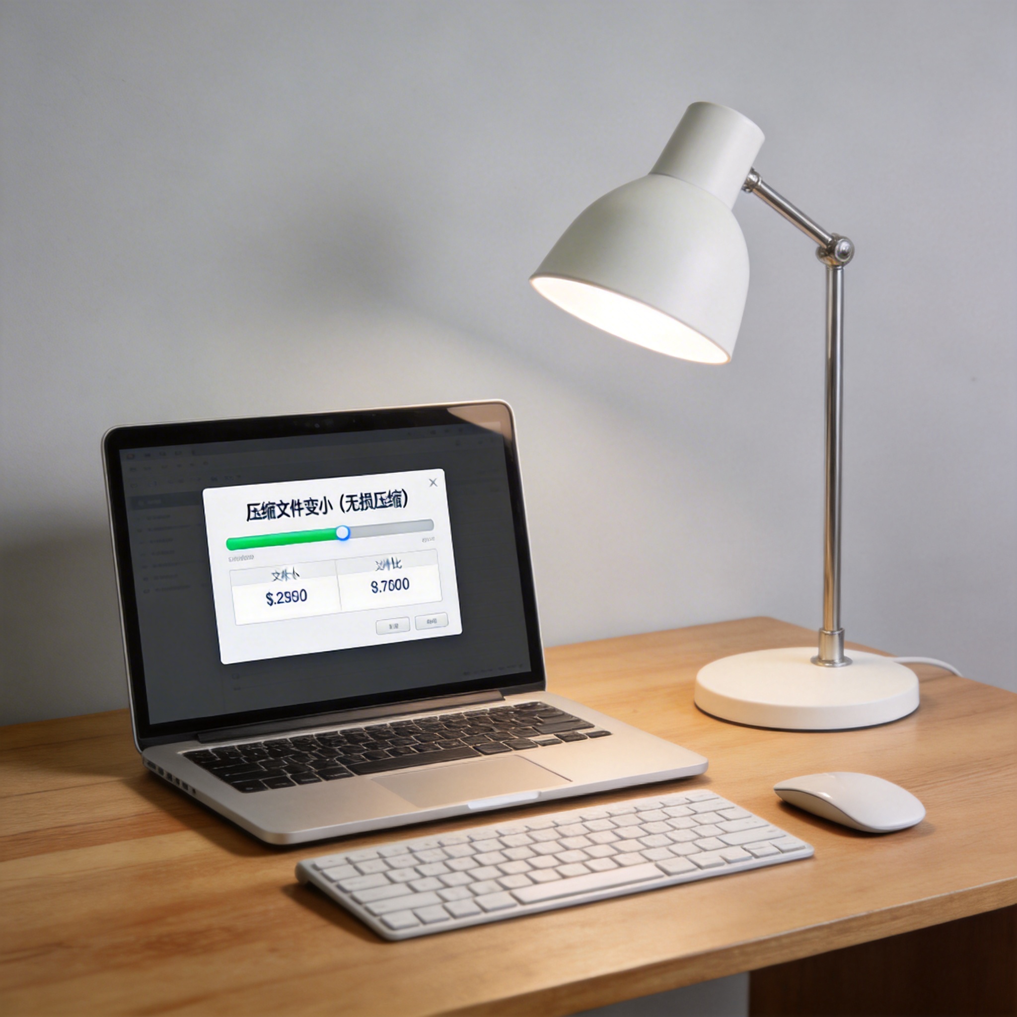电脑桌上的电脑，屏幕显示压缩文件变小无损压缩界面，旁边放着台灯