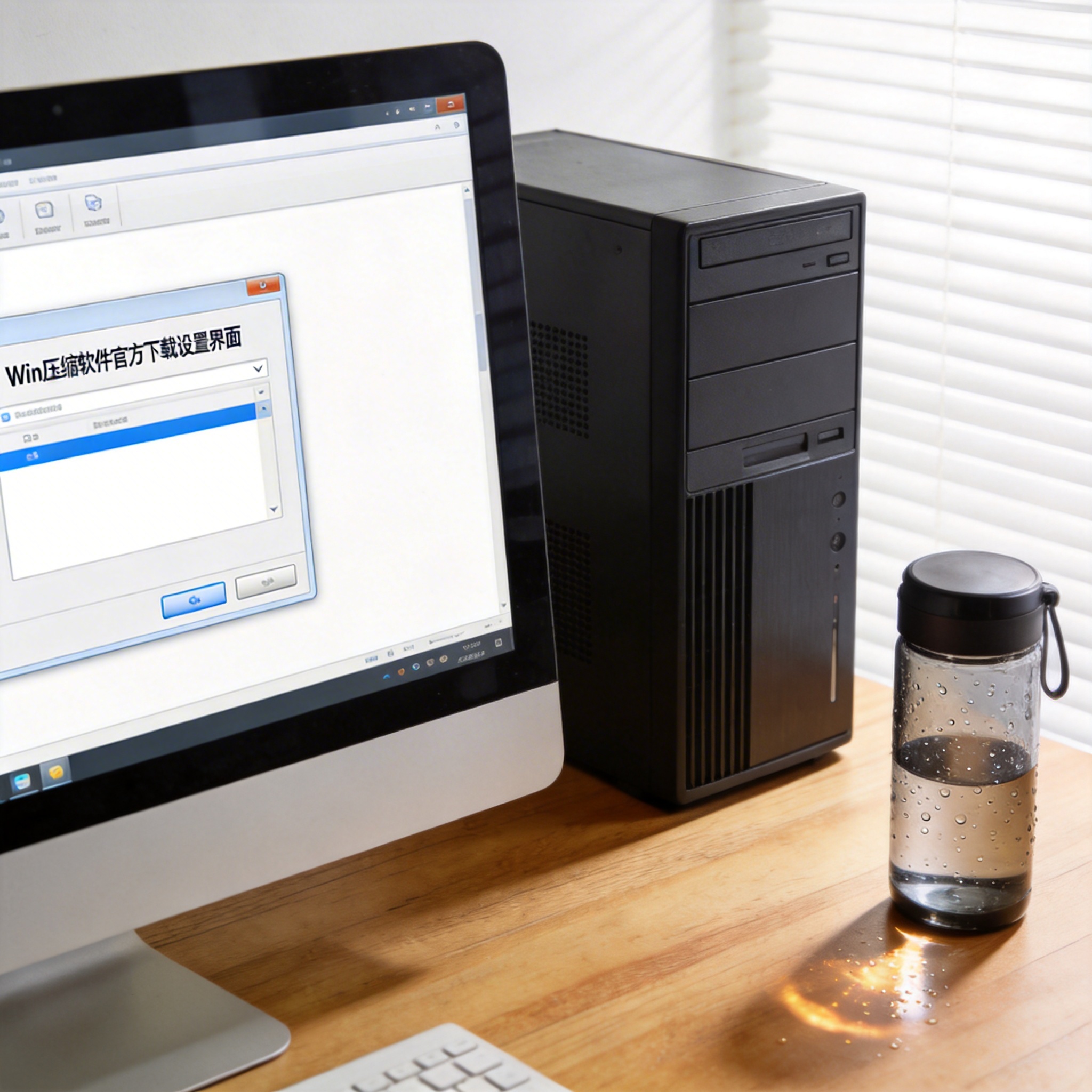 书桌上的主机，屏幕显示win 压缩软件官方下载设置界面，桌角放着水杯，自然光
