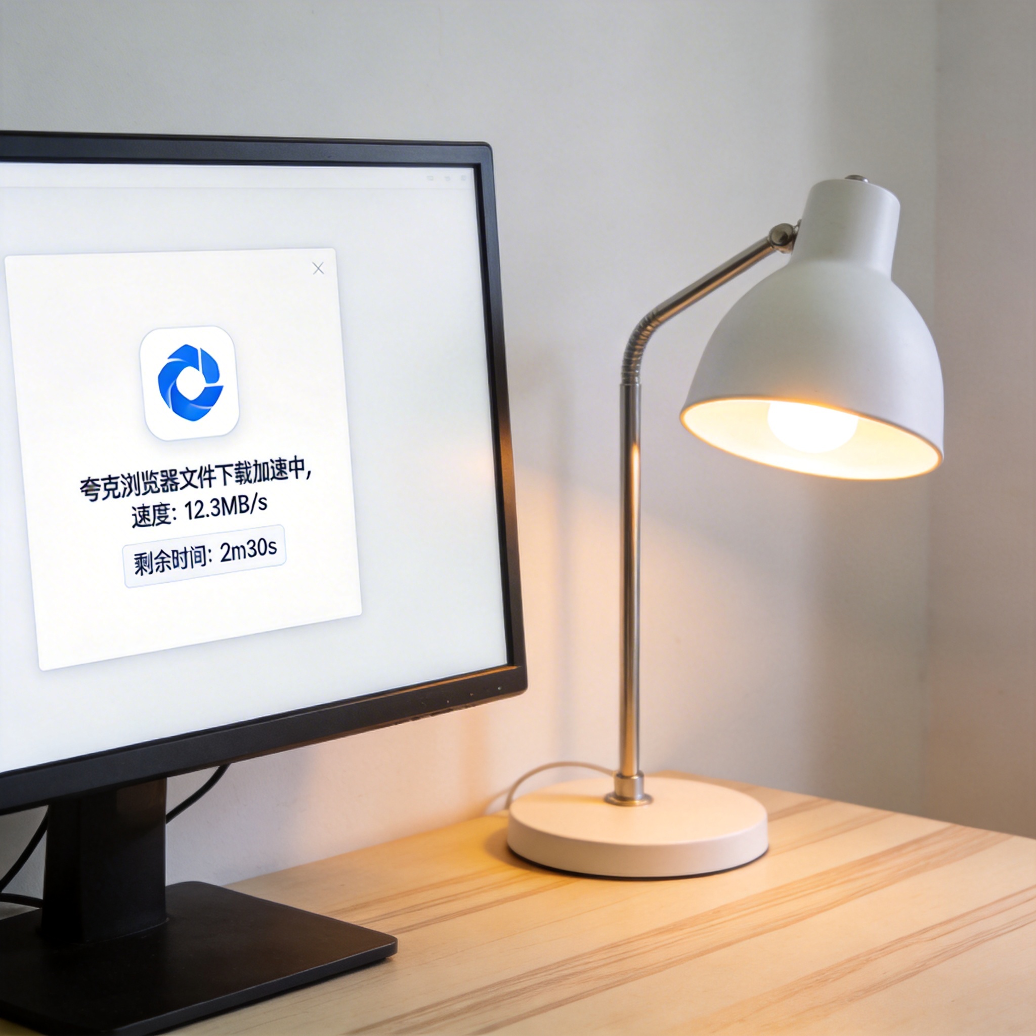 电脑桌上的电脑，屏幕显示夸克浏览器文件下载加速界面，旁边放着台灯