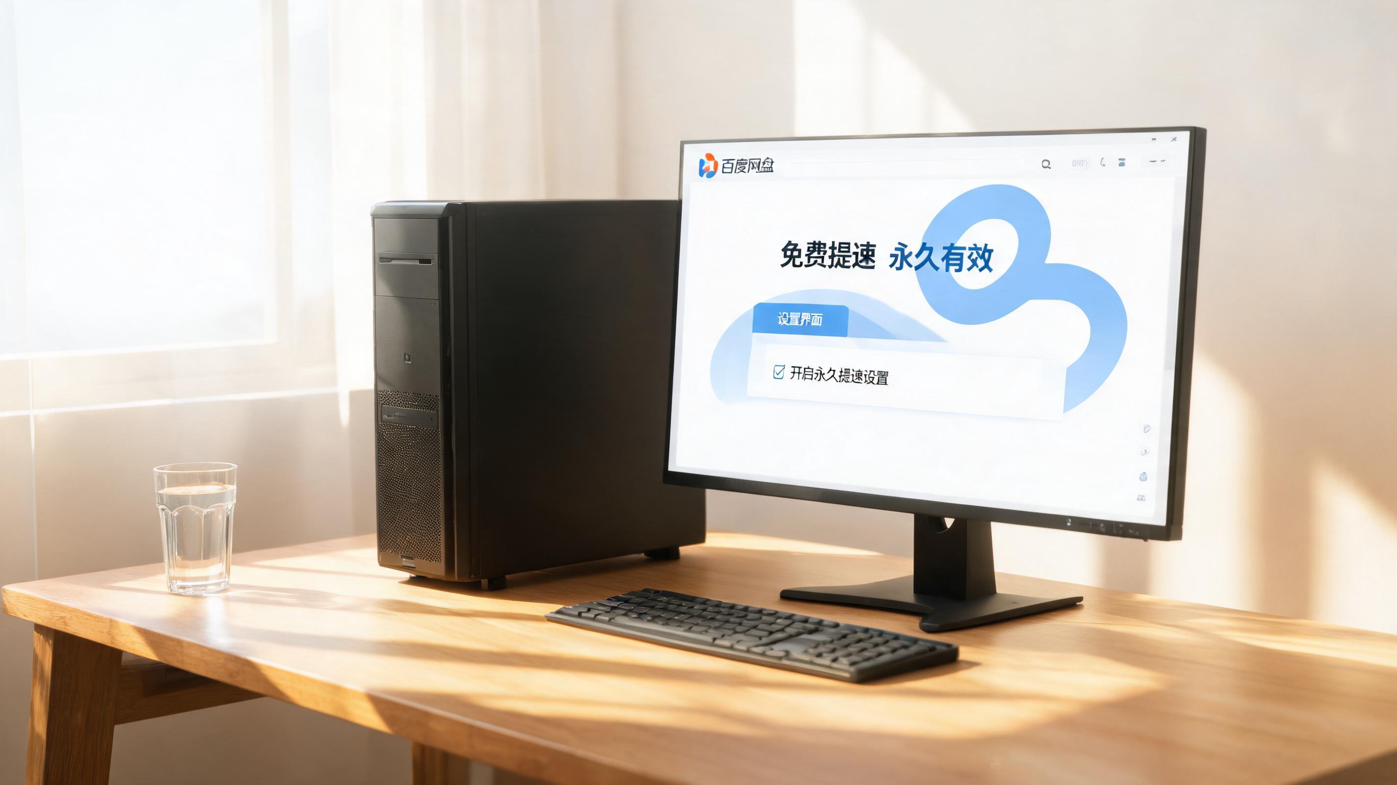 书桌上的主机，屏幕显示百度网盘免费提速永久有效设置界面，桌角放着水杯，自然光