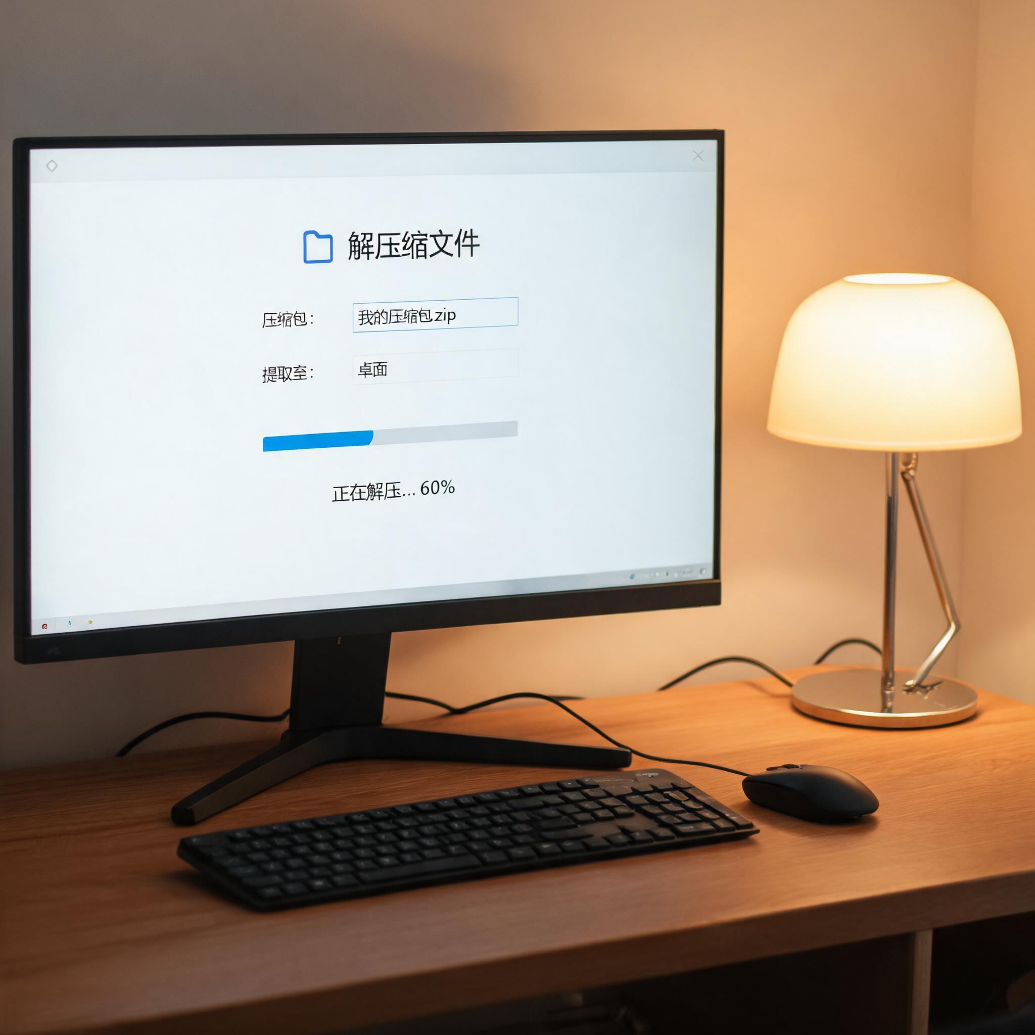 电脑桌上的电脑，屏幕显示解压缩桌面，旁边放着台灯