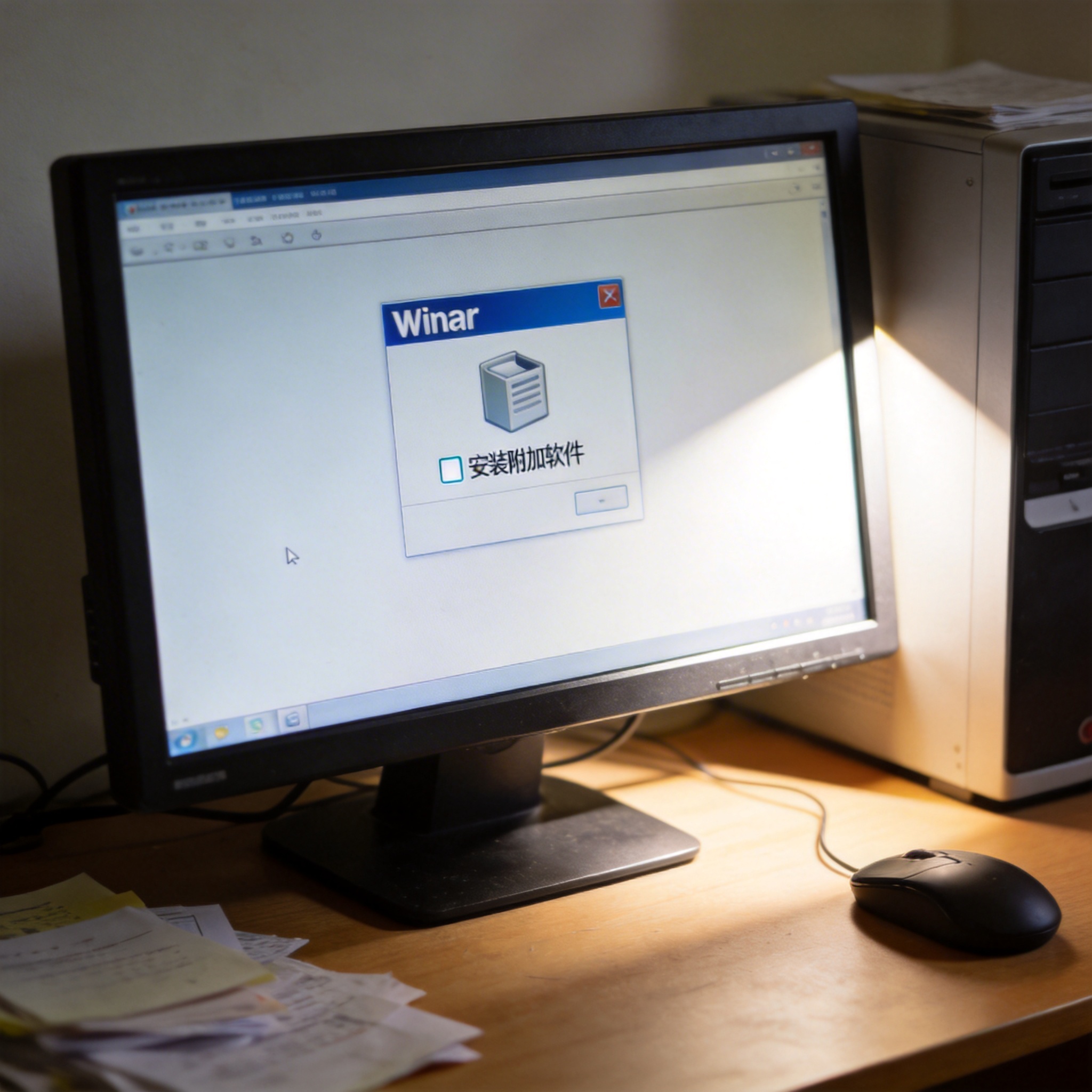 书桌上的台式电脑，屏幕显示winrar安装界面，取消勾选“安装附加软件”选项，屏幕光照亮桌面一角