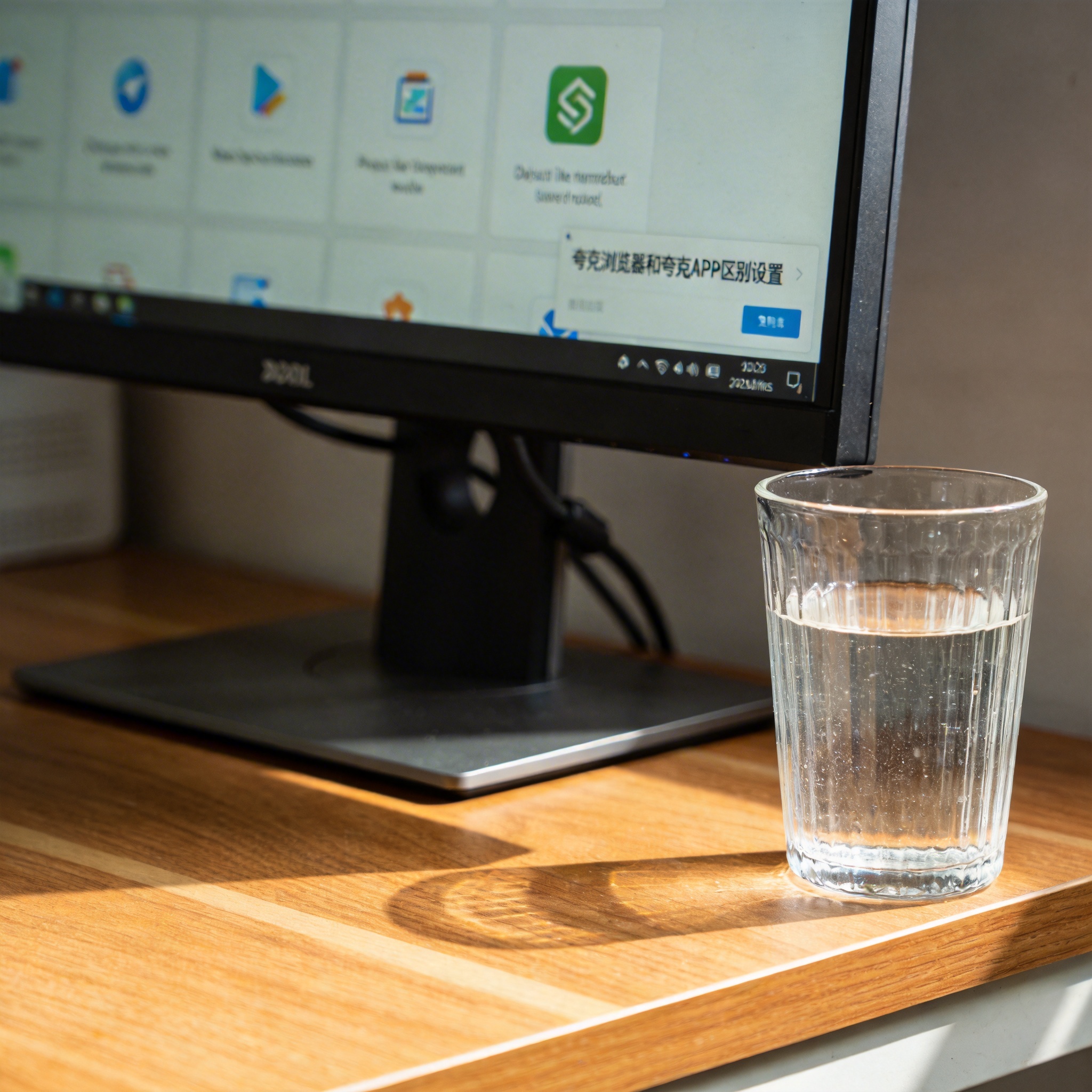 书桌上的主机，屏幕显示夸克浏览器和夸克 APP 区别设置界面，桌角放着水杯，自然光