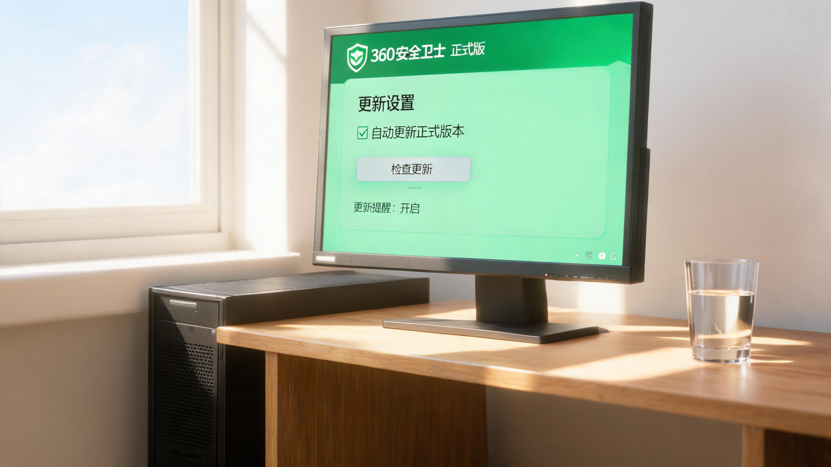 书桌上的主机，屏幕显示360 安全卫士正式版更新设置界面，桌角放着水杯，自然光