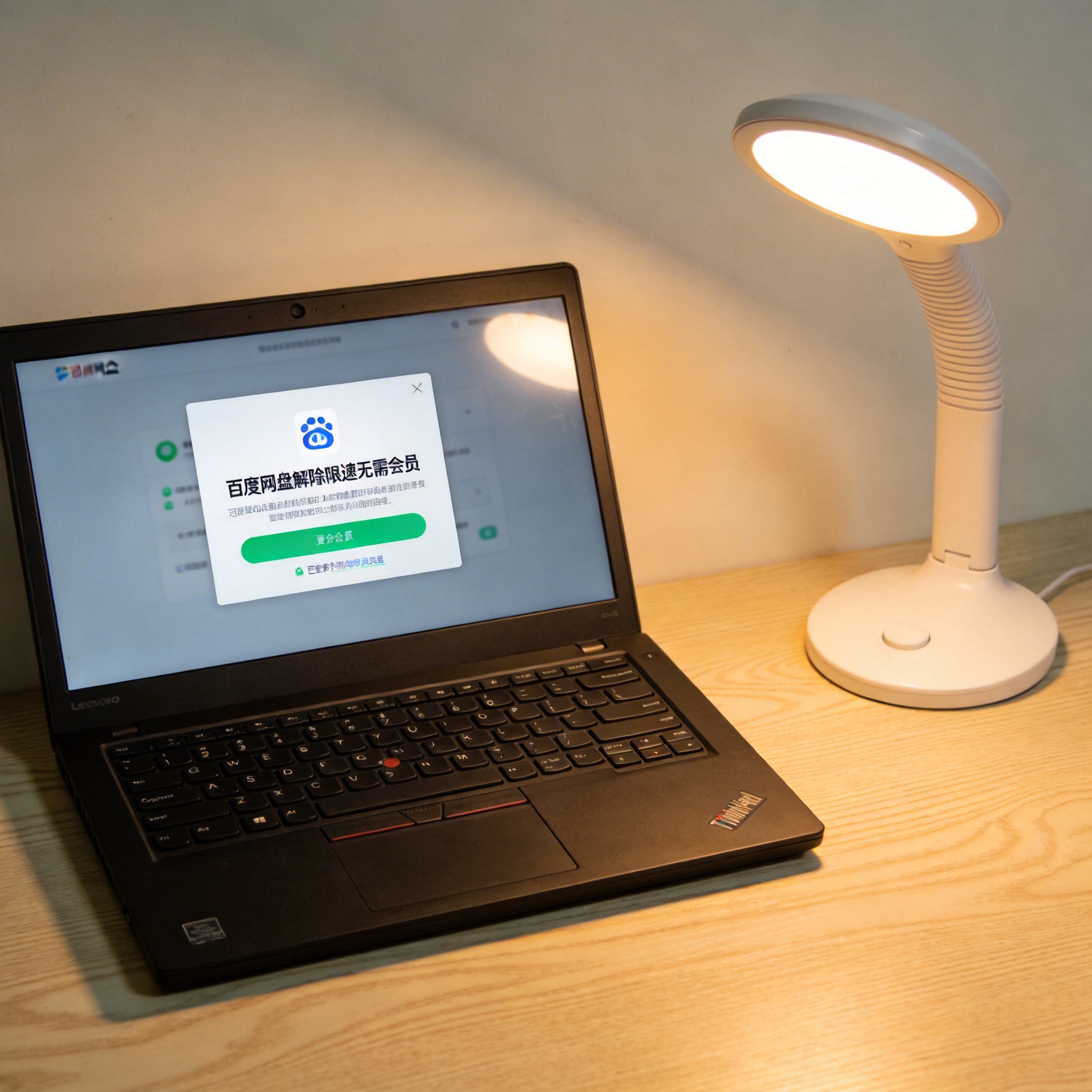电脑桌上的电脑，屏幕显示百度网盘解除限速无需会员界面，旁边放着台灯