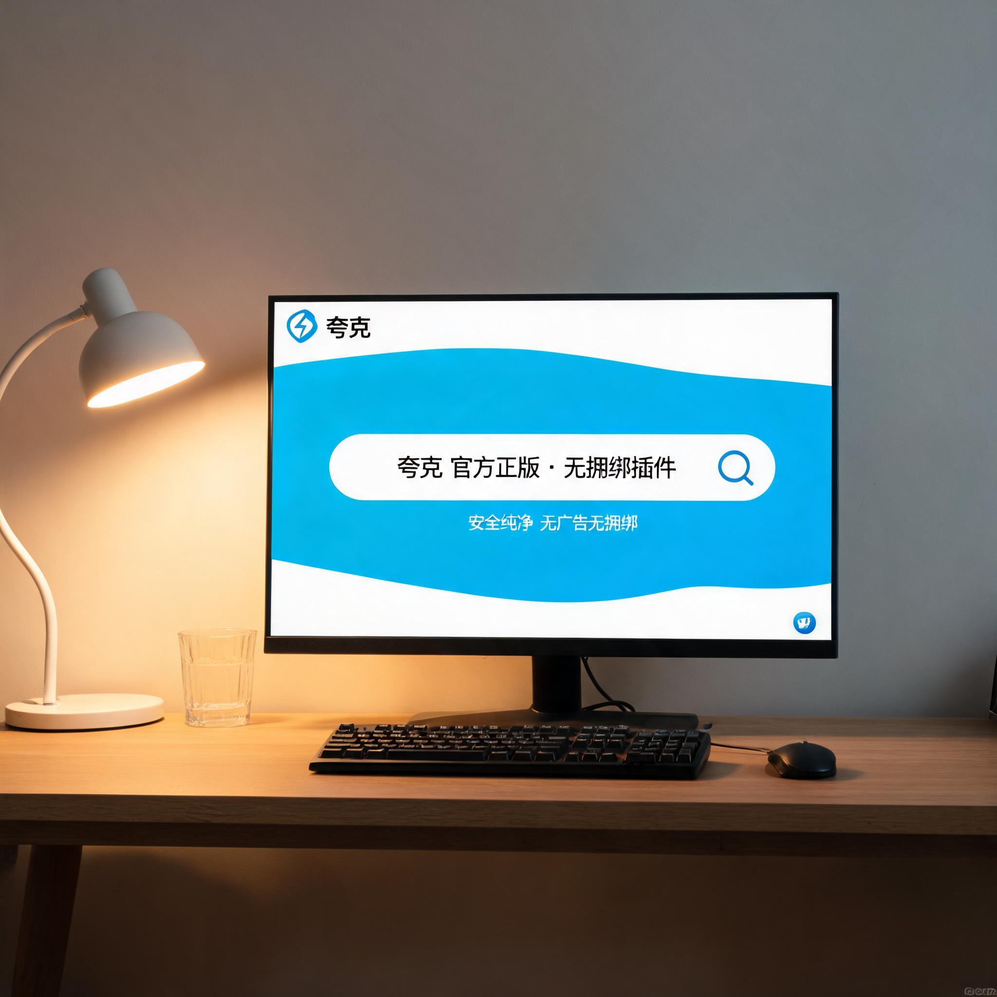 电脑桌上的电脑，屏幕显示夸克浏览器官方正版无捆绑界面，旁边放着台灯