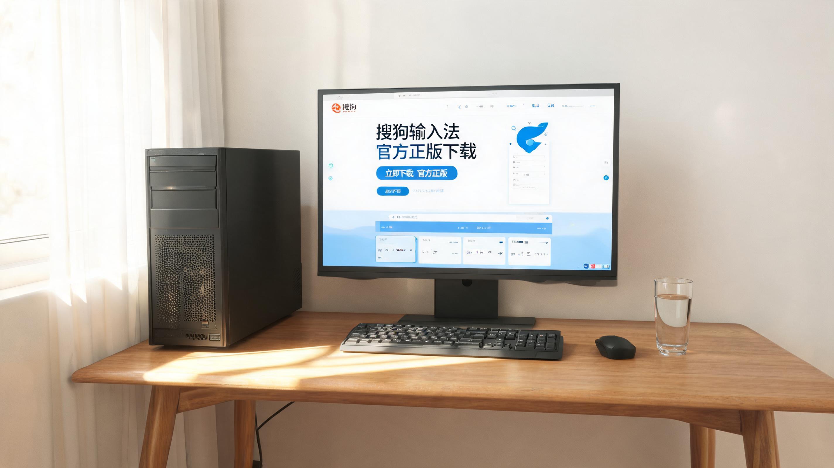 书桌上的主机，屏幕显示搜狗输入法官方正版下载设置界面，桌角放着水杯，自然光