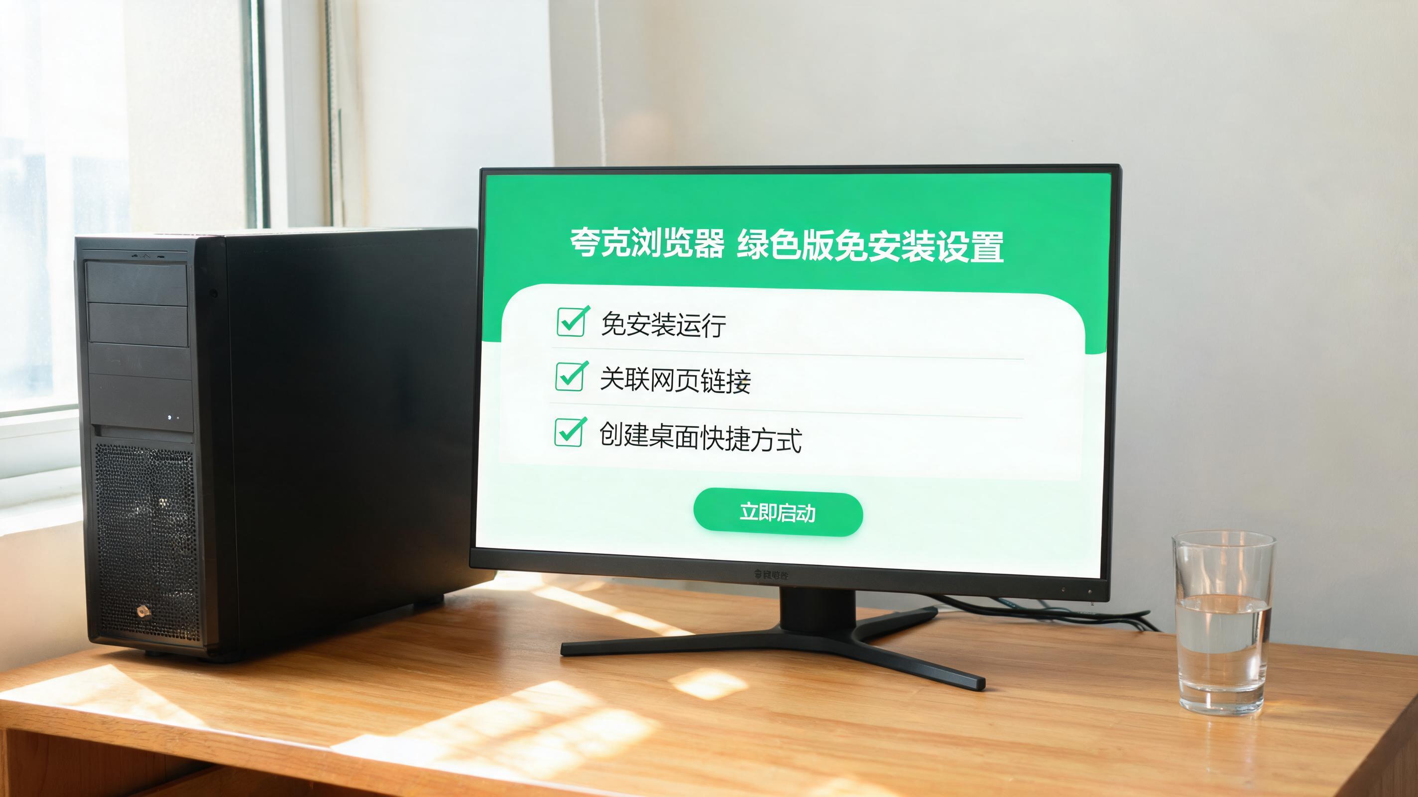 书桌上的主机，屏幕显示夸克浏览器绿色版免安装设置界面，桌角放着水杯，自然光