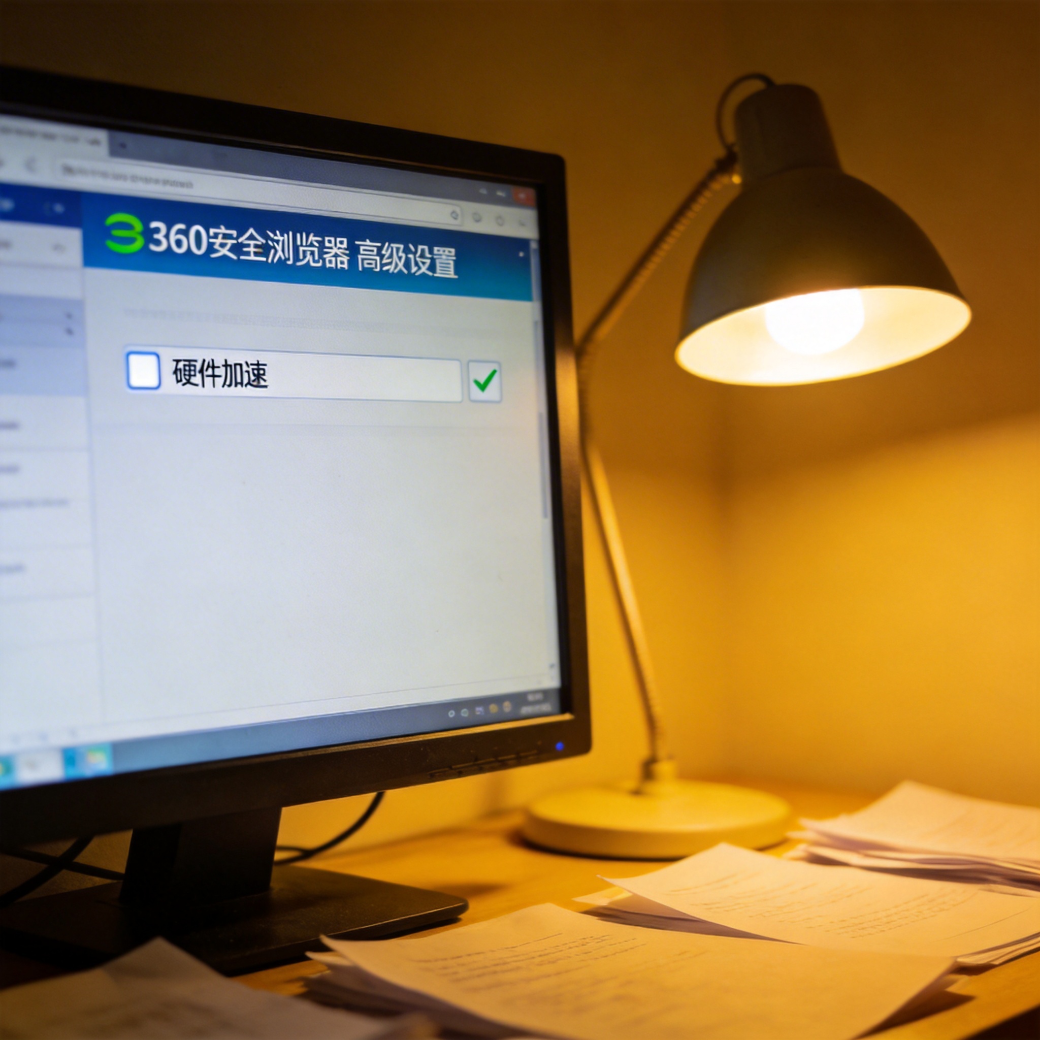 书桌上的电脑，屏幕显示360安全浏览器的高级设置界面，硬件加速选项已勾选，台灯暖光